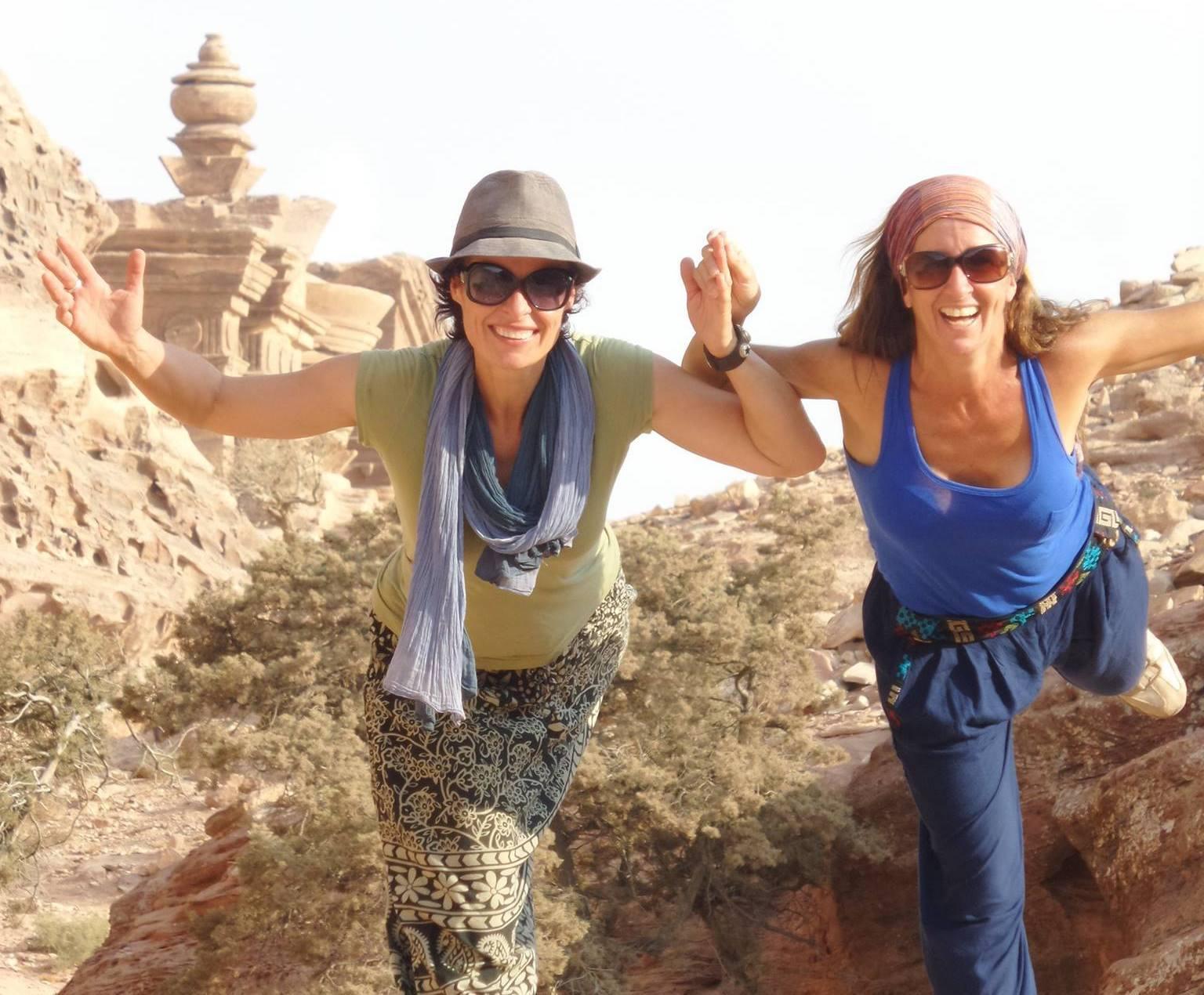 Sandra Jelly (left) teaches yoga classes in the desert around Petra