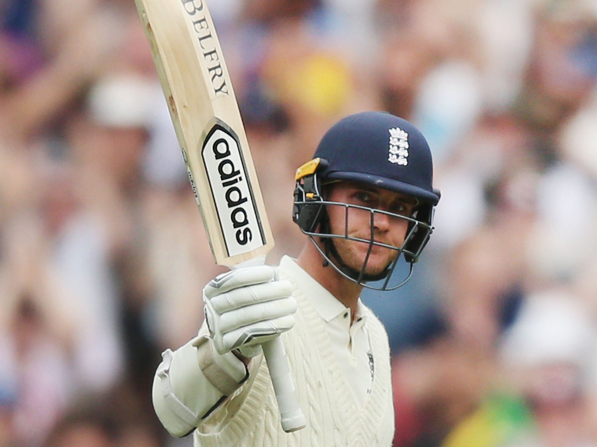 Stuart Broad celebrates reaching his half-century.