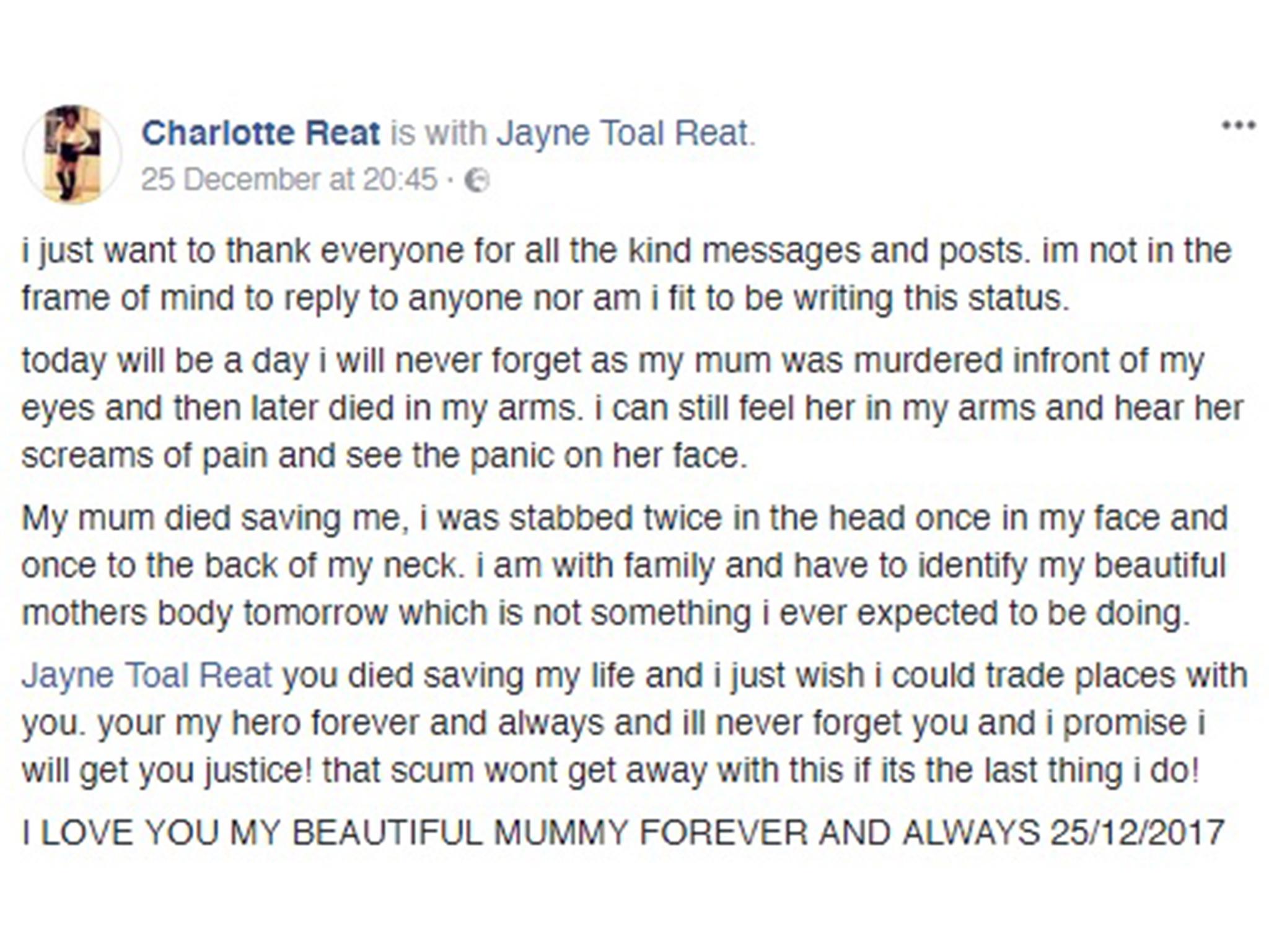 Charlotte Reat posted a tribute to her mother on Facebook