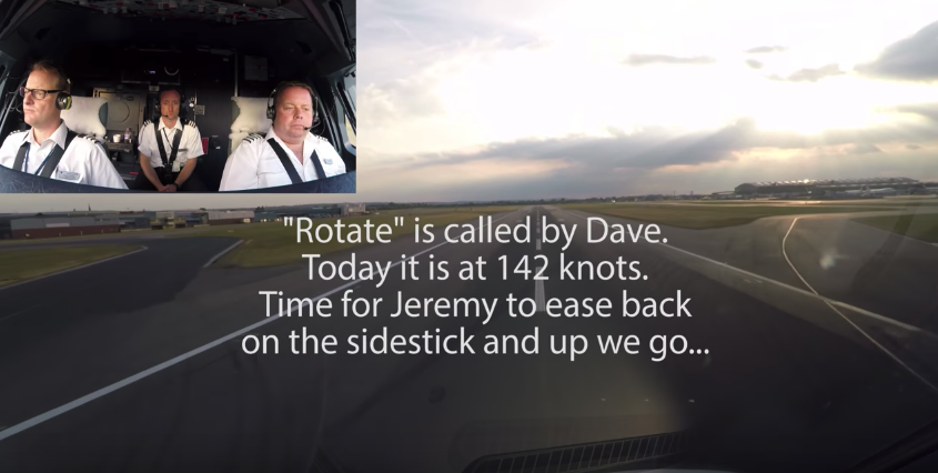 The take-off video is annotated by the captain