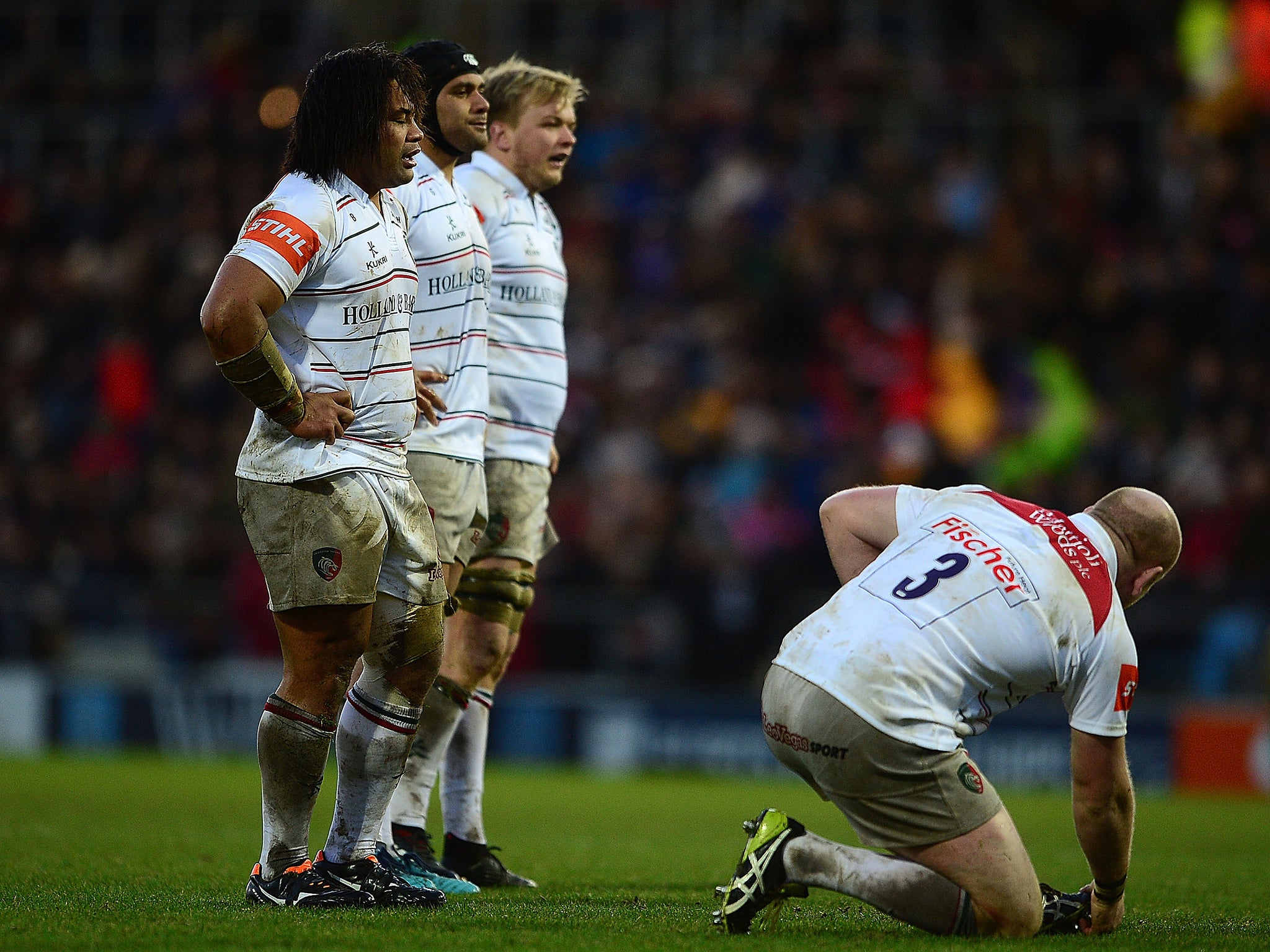 The Leicester forwards appear dejected at the full-time whistle