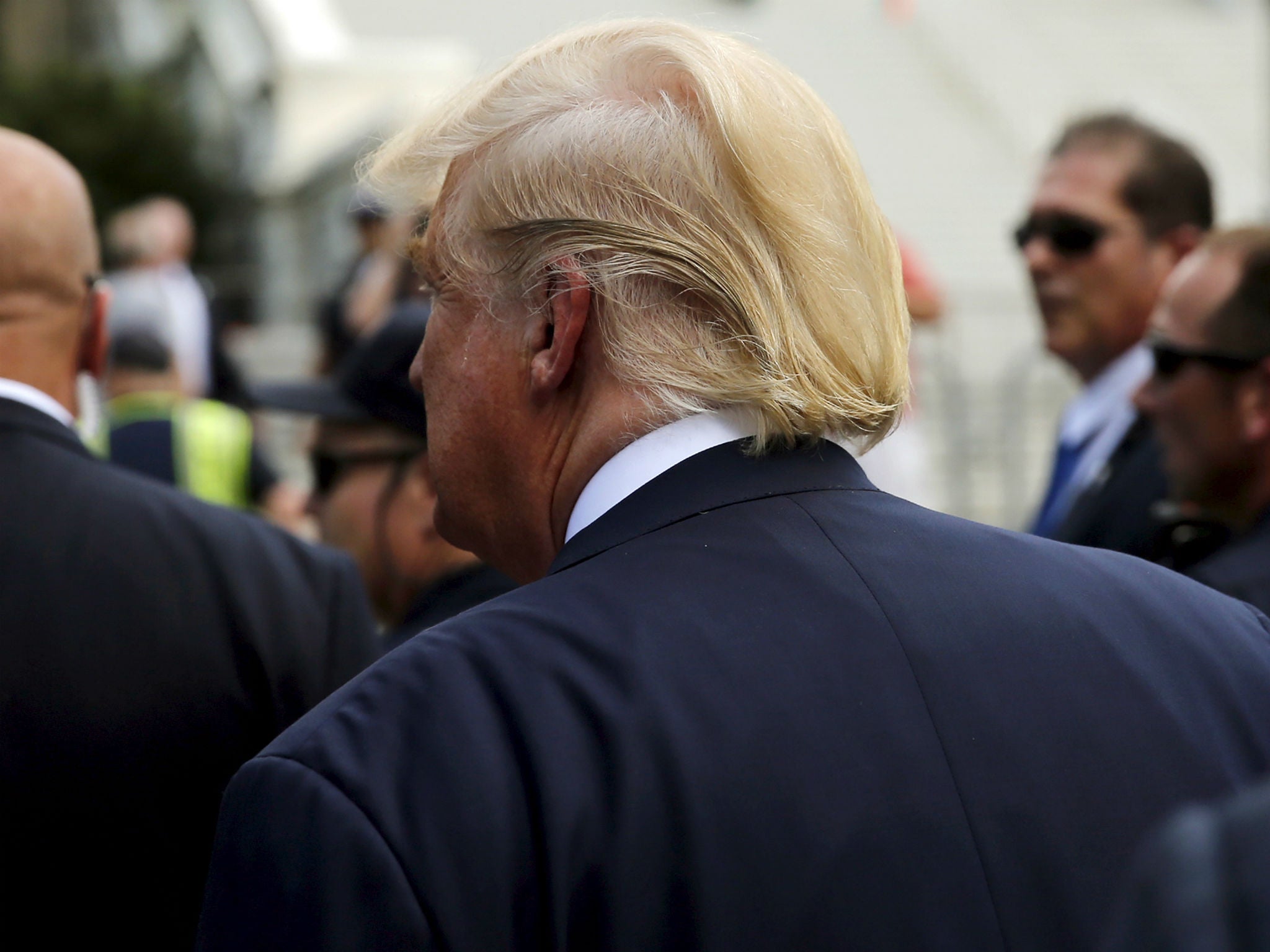 Donald Trump's hair is seen at a 2015 rally in Washington