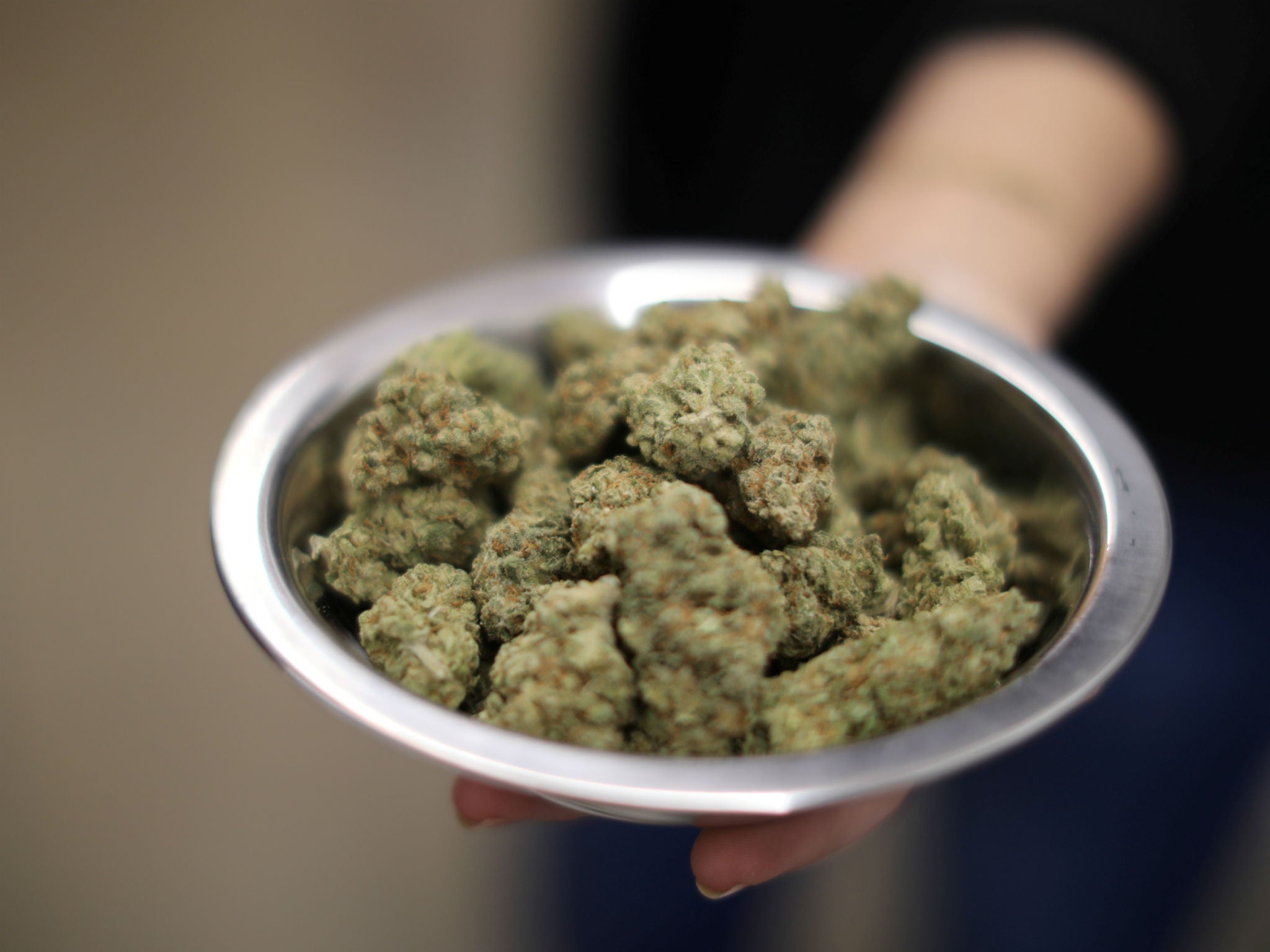 A woman holds marijuana for sale at a store in West Hollywood, California. Legal pot shops have just opened in the state