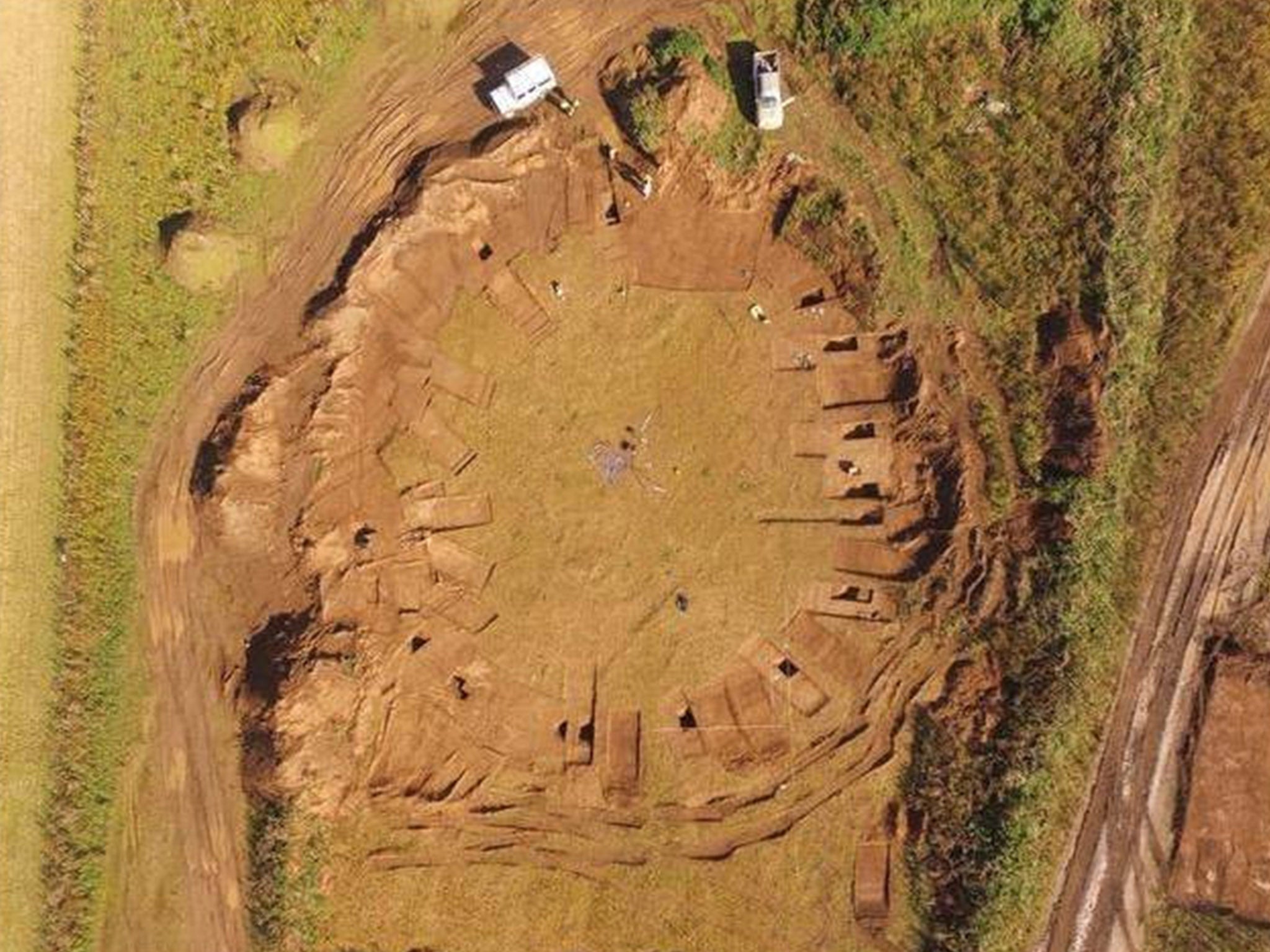 Aerial view of excavations at Little Catwick Quarry which revealed a Neolithic henge