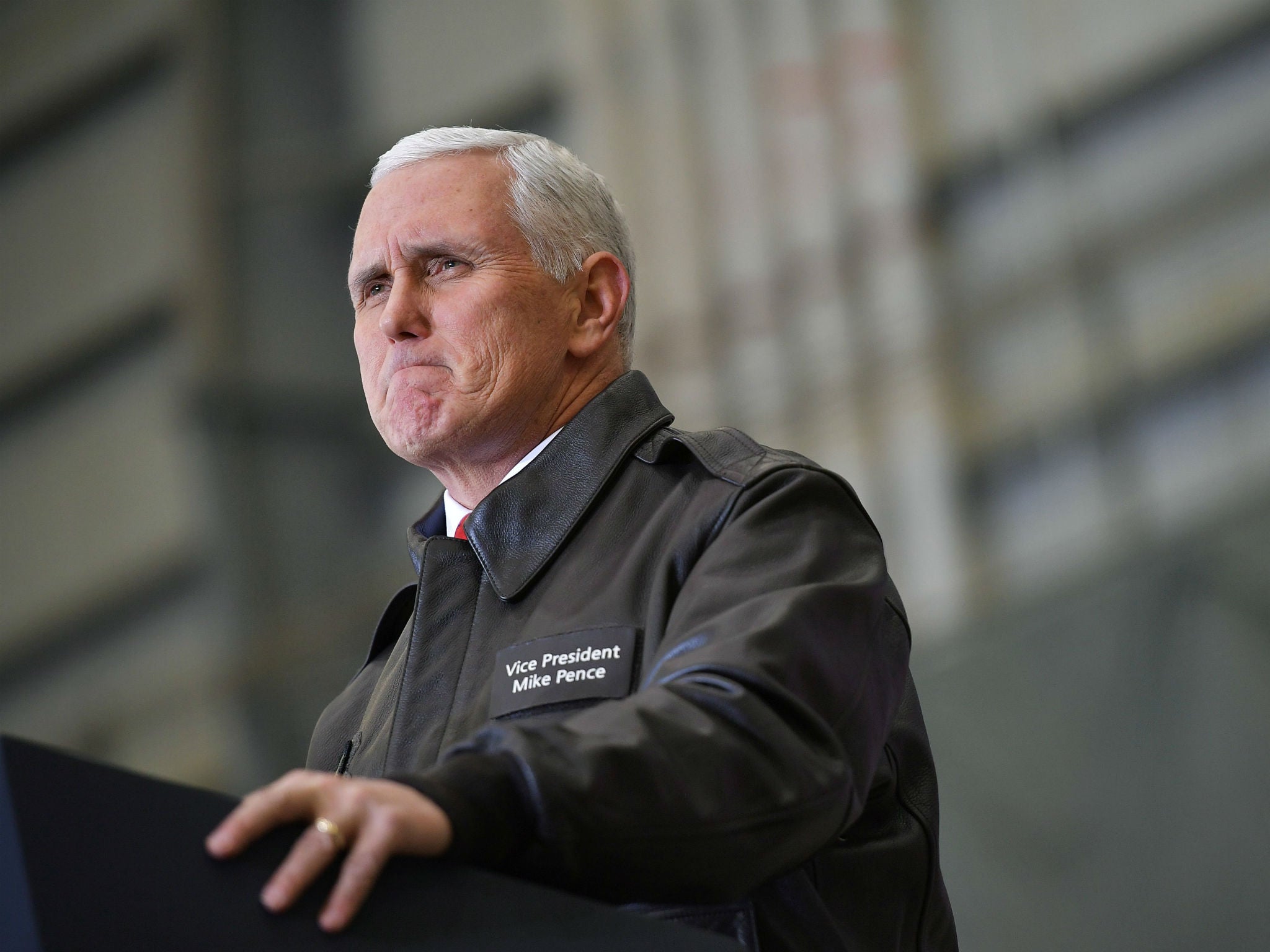 Mike Pence speaks to troops in a hangar at Bagram Air Field in Afghanistan