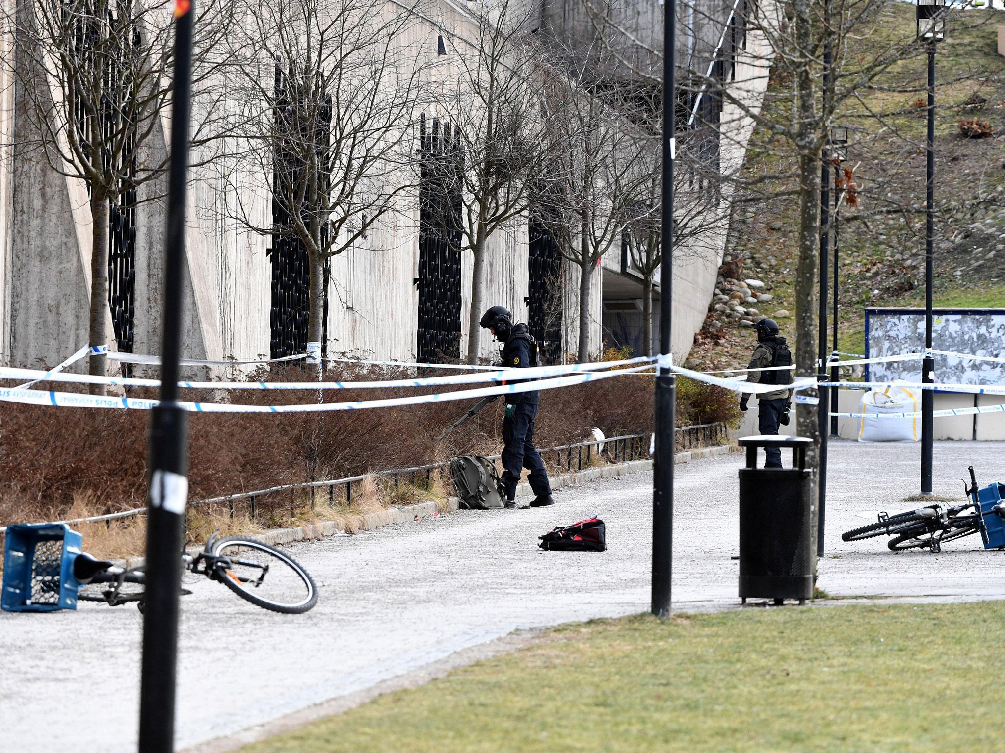 The Varby Gard underground station and an adjacent square have been closed while a bomb disposal squad carry out checks (TT News Agency/Henrik Montgomery/via Reuters)