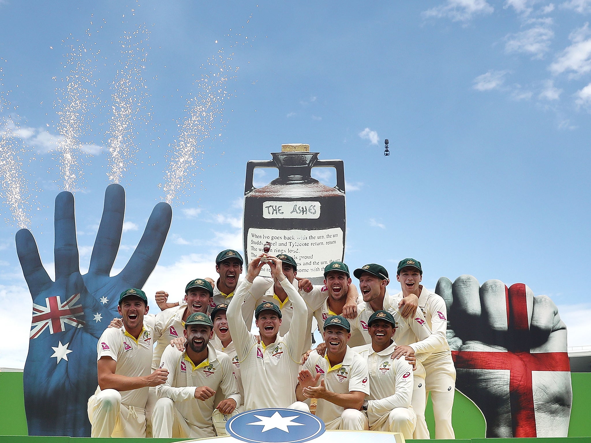 Australia celebrate winning back the Ashes.