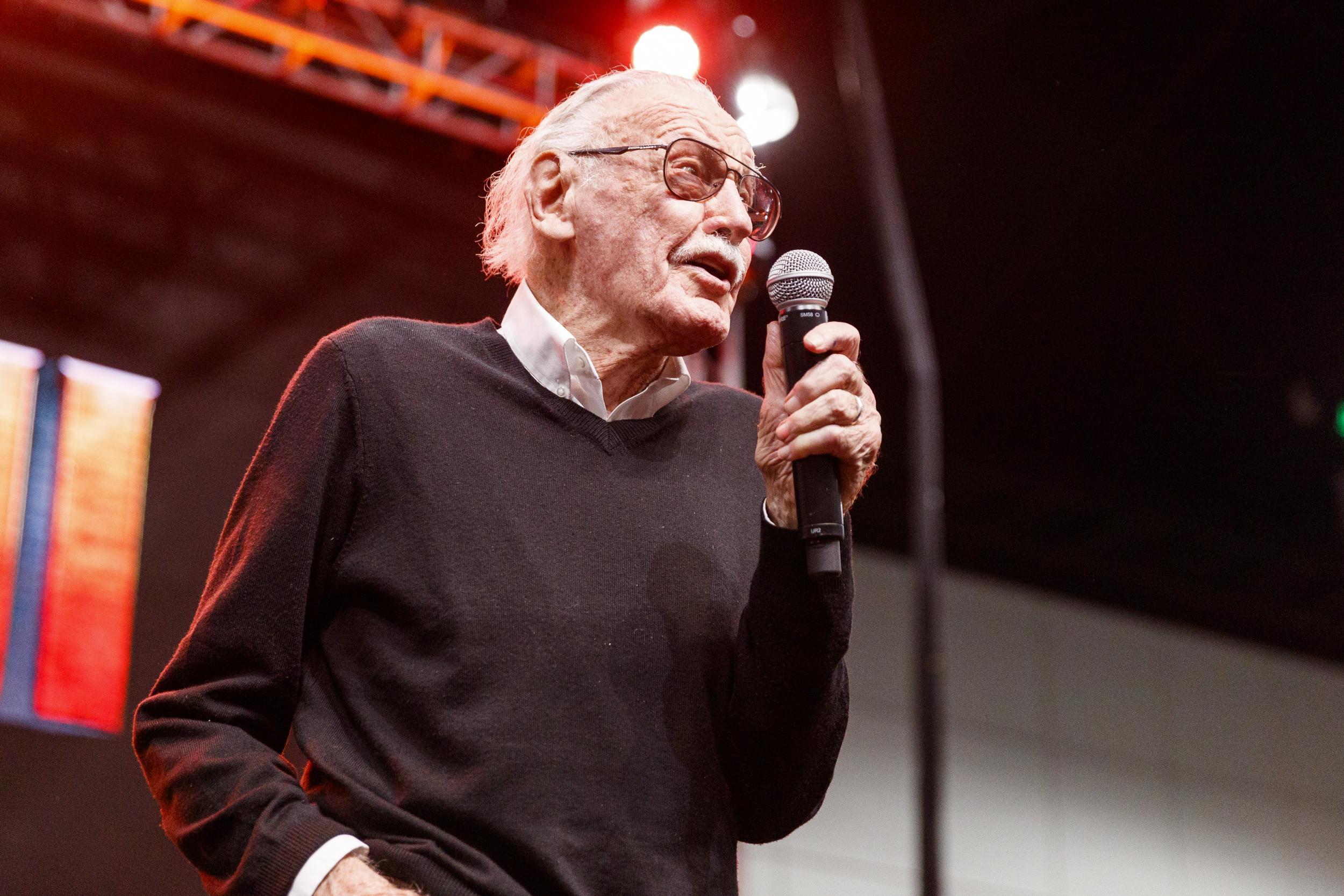 Stan Lee speaks onstage at ENTERTAINMENT WEEKLY Presents Dwayne 'The Rock' Johnson at Stan Lee's Los Angeles Comic-Con at Los Angeles Convention Center on October 28, 2017 in Los Angeles, California. Credit: Rich Polk/Getty Images for Entertainment Weekly