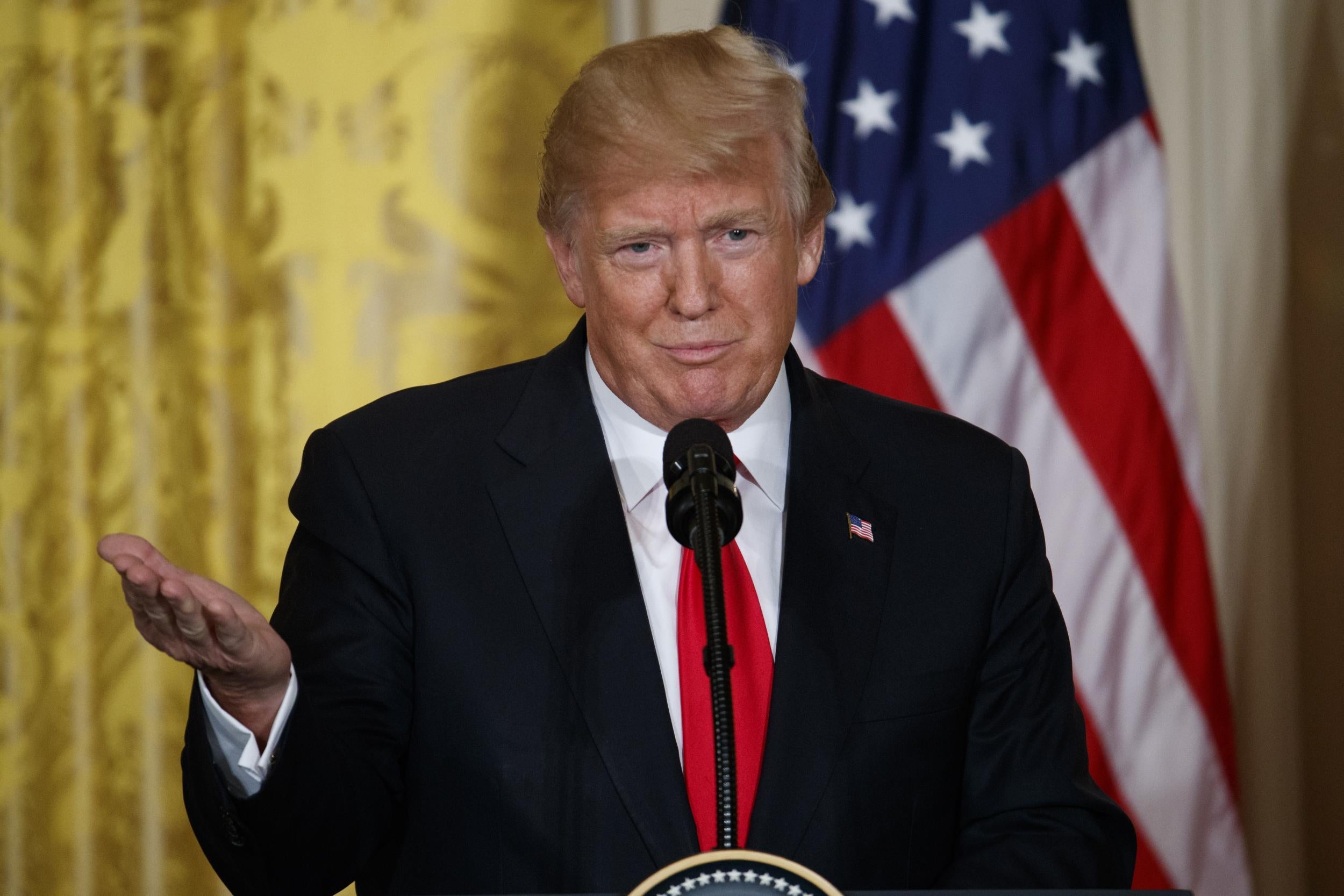 President Donald Trump speaks during a news conference with Norwegian Prime Minister Erna Solberg