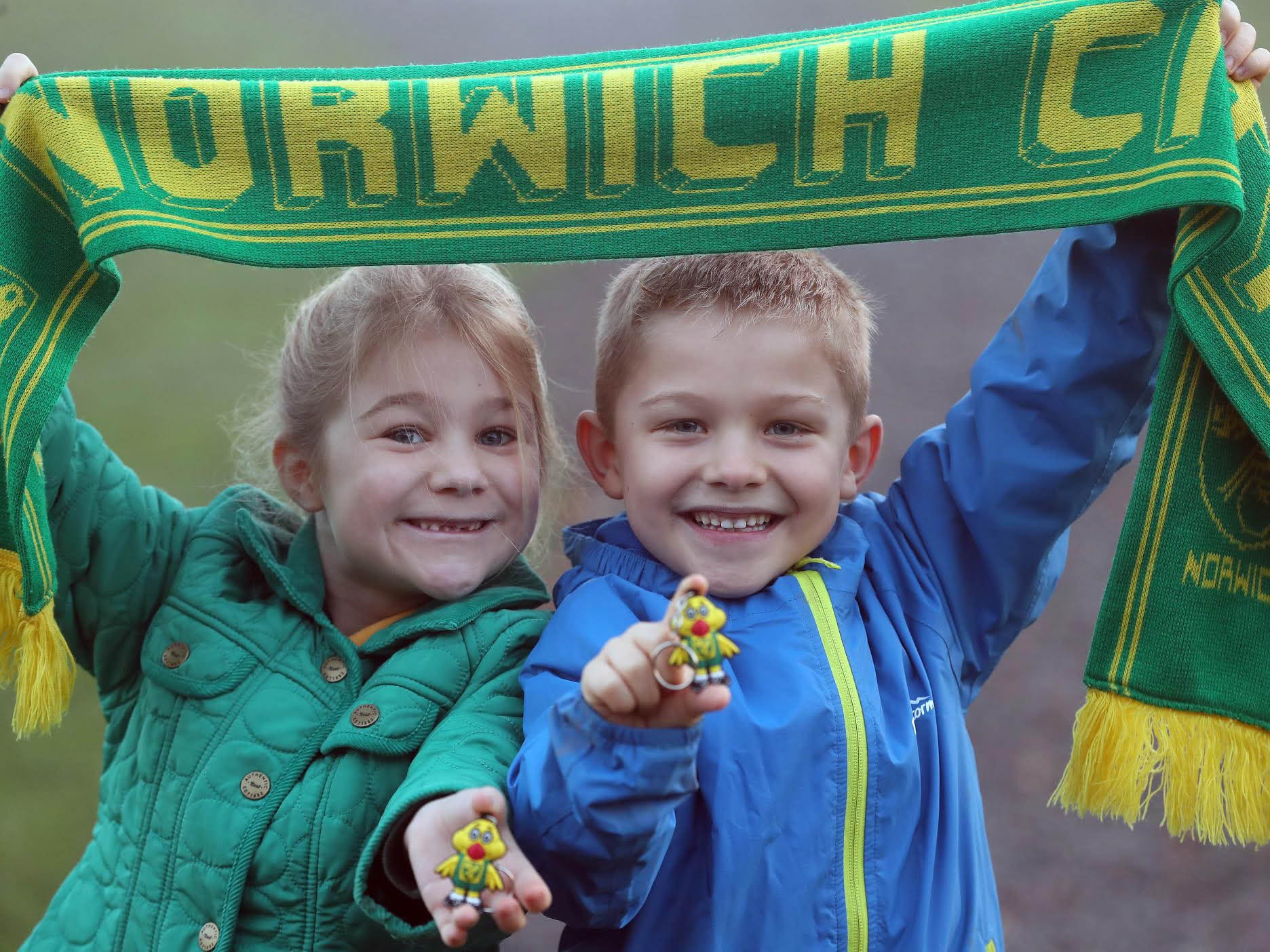 Sophie and Monty Hall, both 7, with the key rings they received from Norwich City