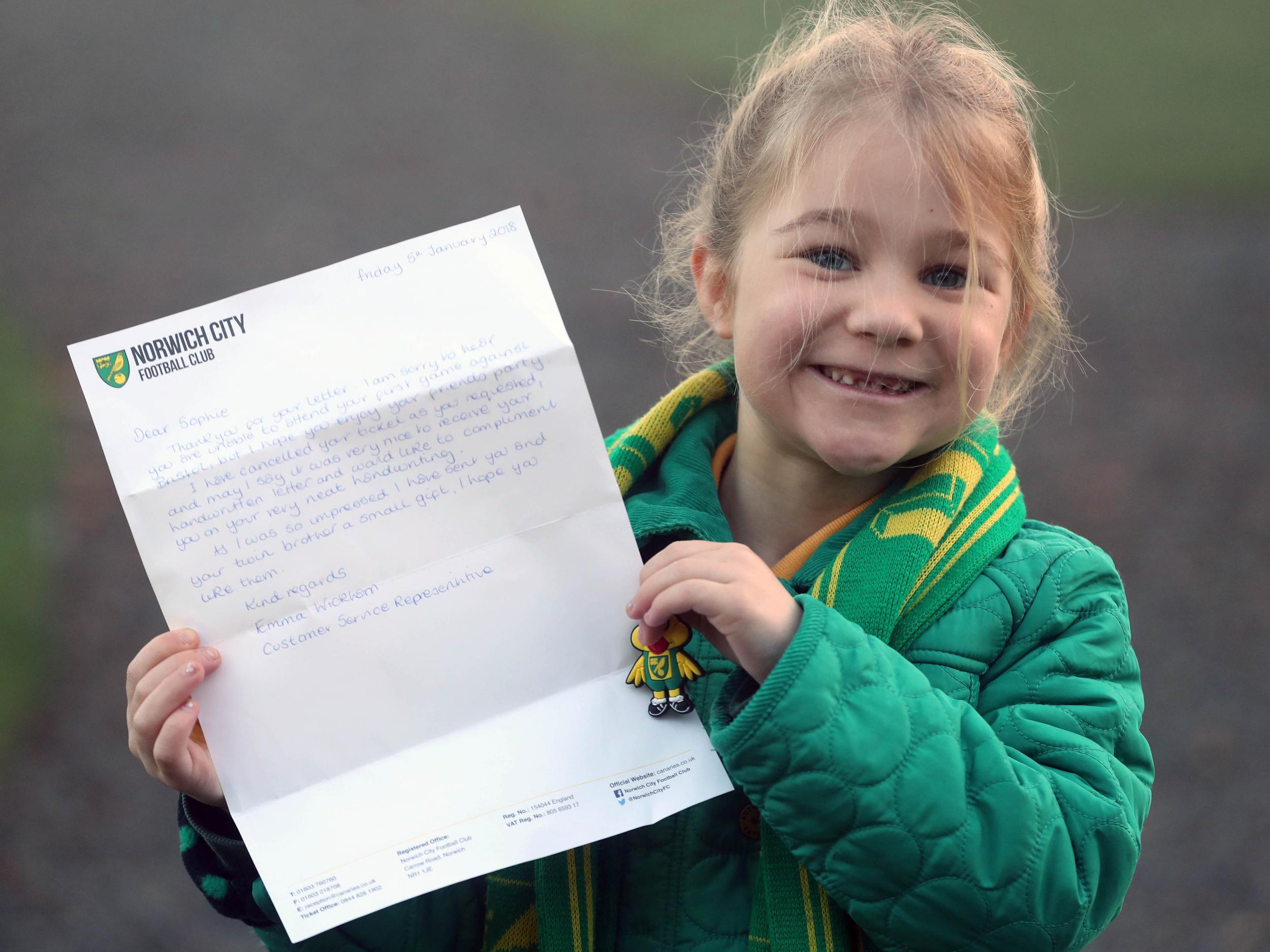 Sophie Hall, 7, received a handwritten letter from Norwich City football club after returning her ticket