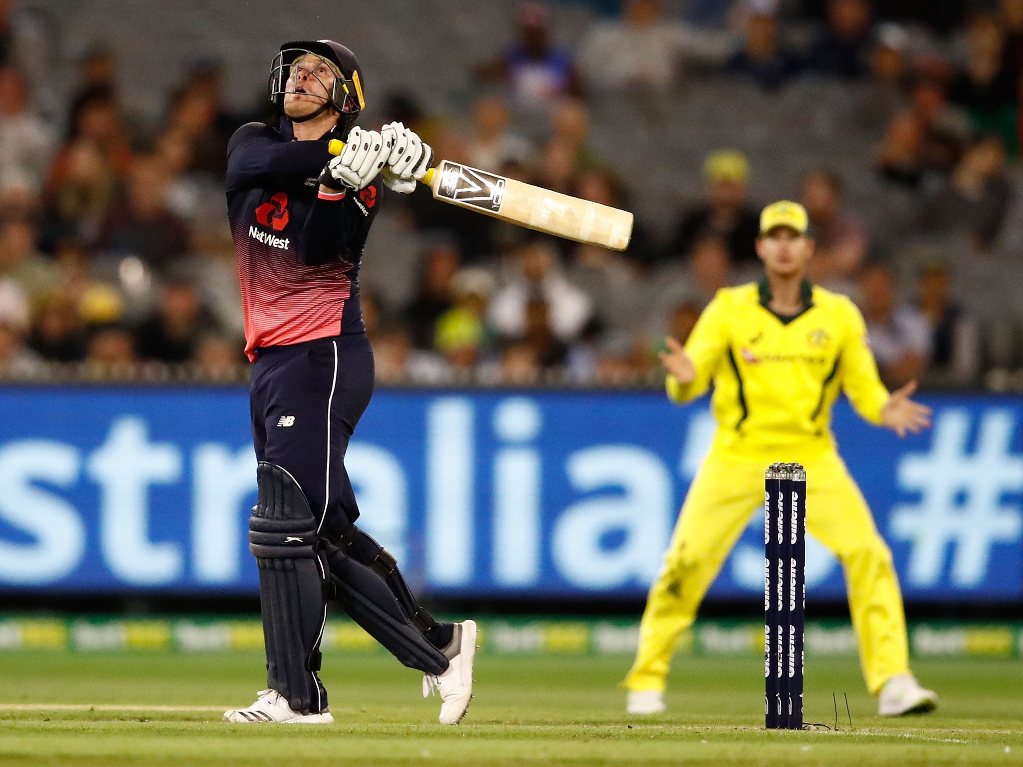 Roy fires the ball into the sky off Mitchell Starc to finally lose his wicket