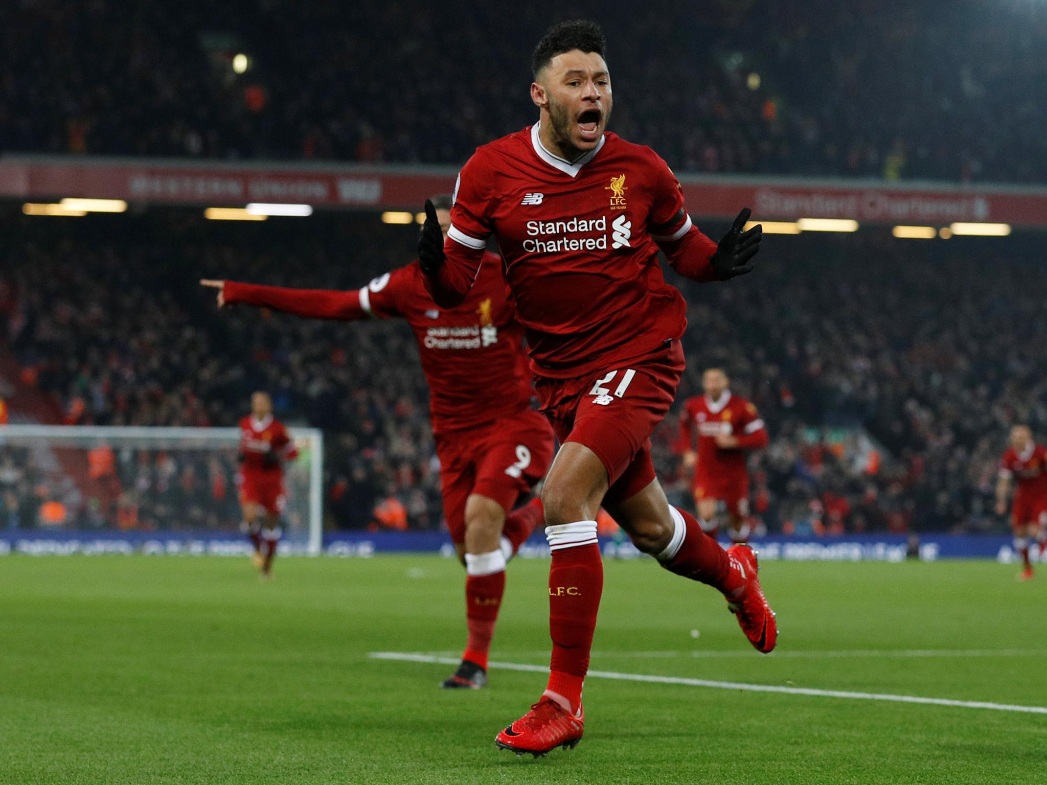 Alex Oxlade-Chamberlain celebrates after putting Liverpool in front