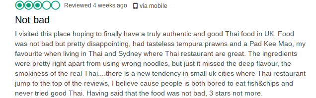 Customer review criticised authenticity of food