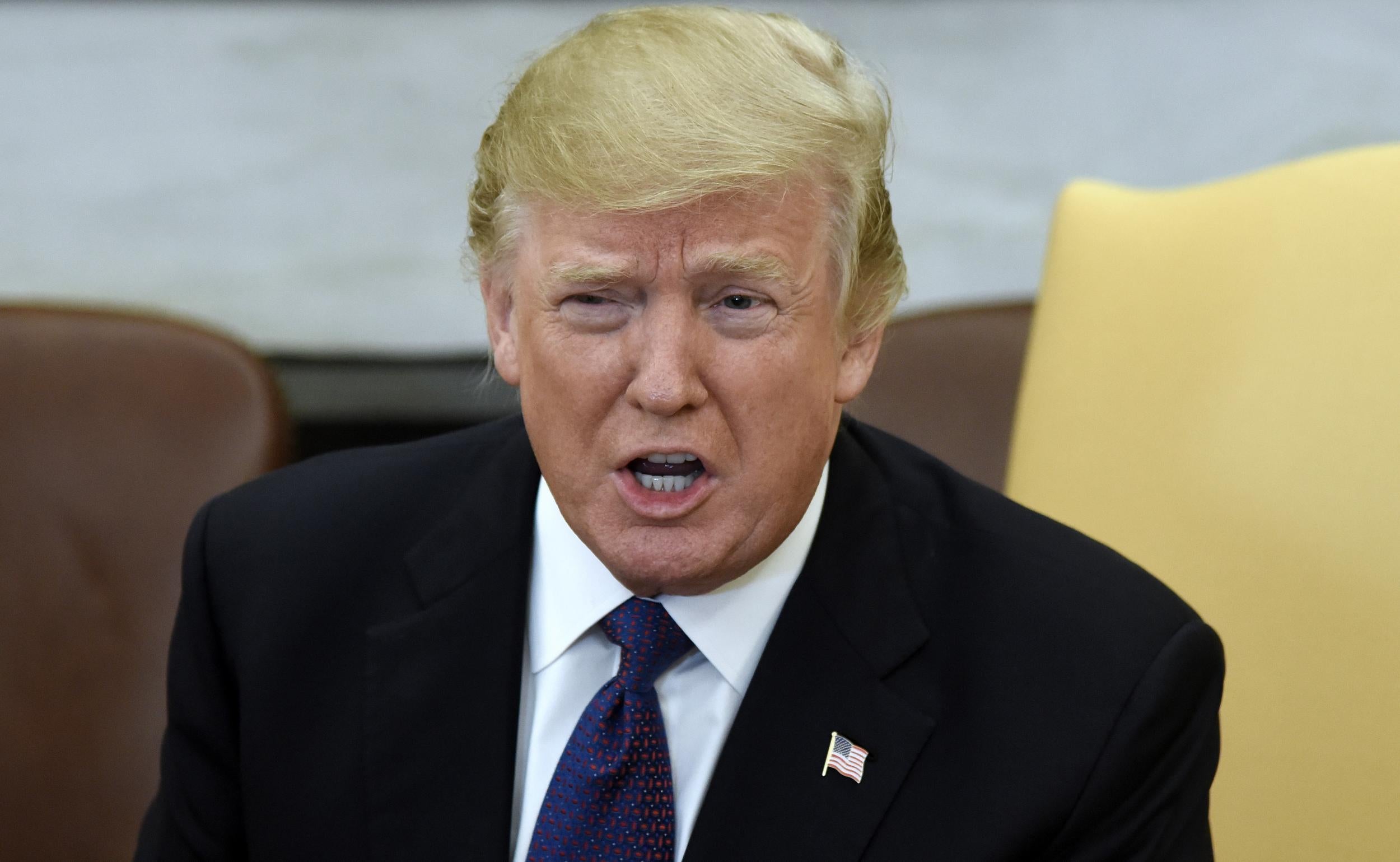 President Donald Trump speaks during a meeting with President Nursultan Nazarbayev of Kazakhstan in the Oval Office