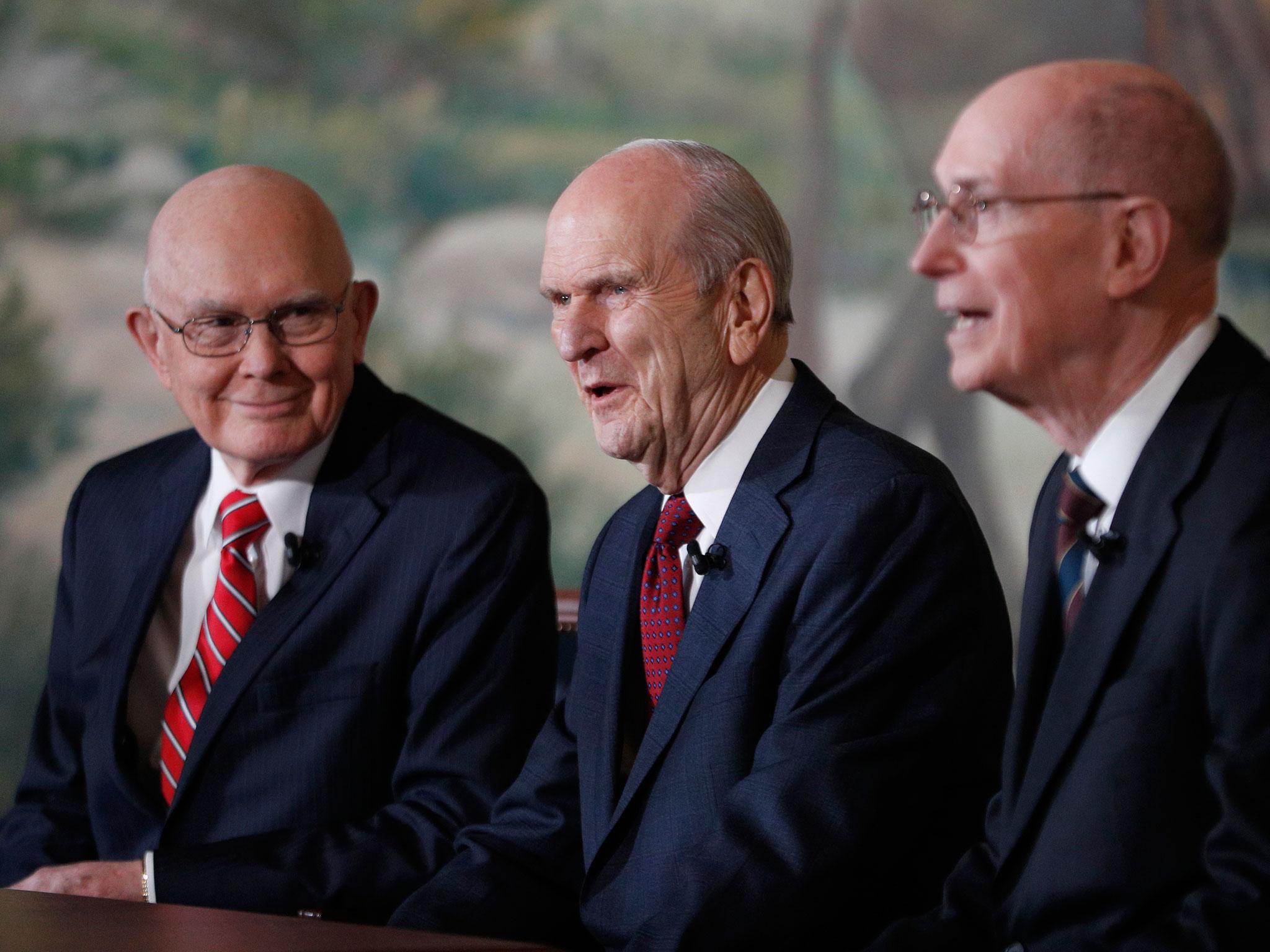 &#13;
Russell M Nelson (C), the new president of the Mormon church, with his First Counsellor, Dallin H Oaks (L), and his Second Counsellor, Henry B Eyring (R), answer questions from the press &#13;