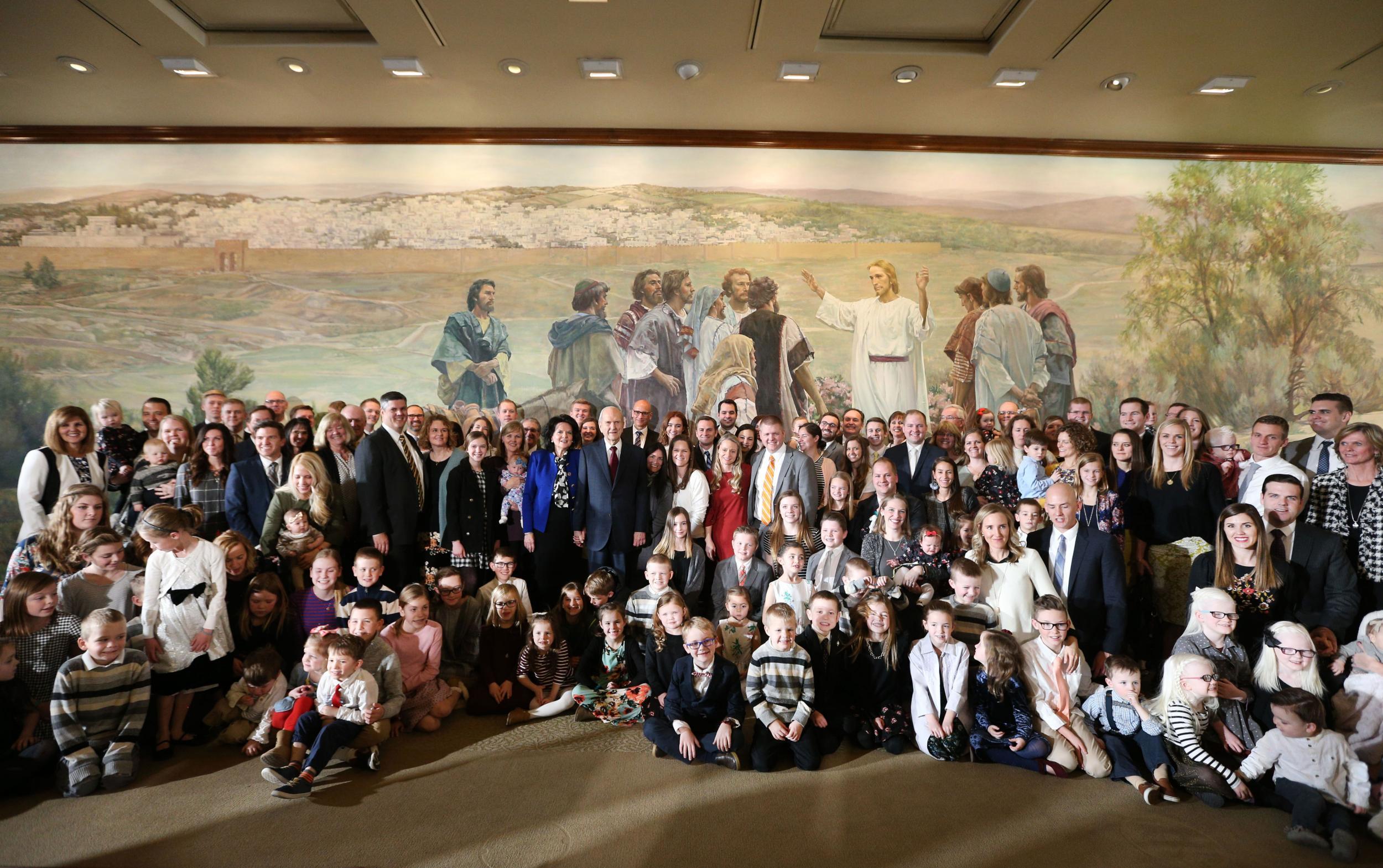 Russell M Nelson, the new president of the Mormon church, has his picture taken with family members after a press conference to announce him as 17th president of the church