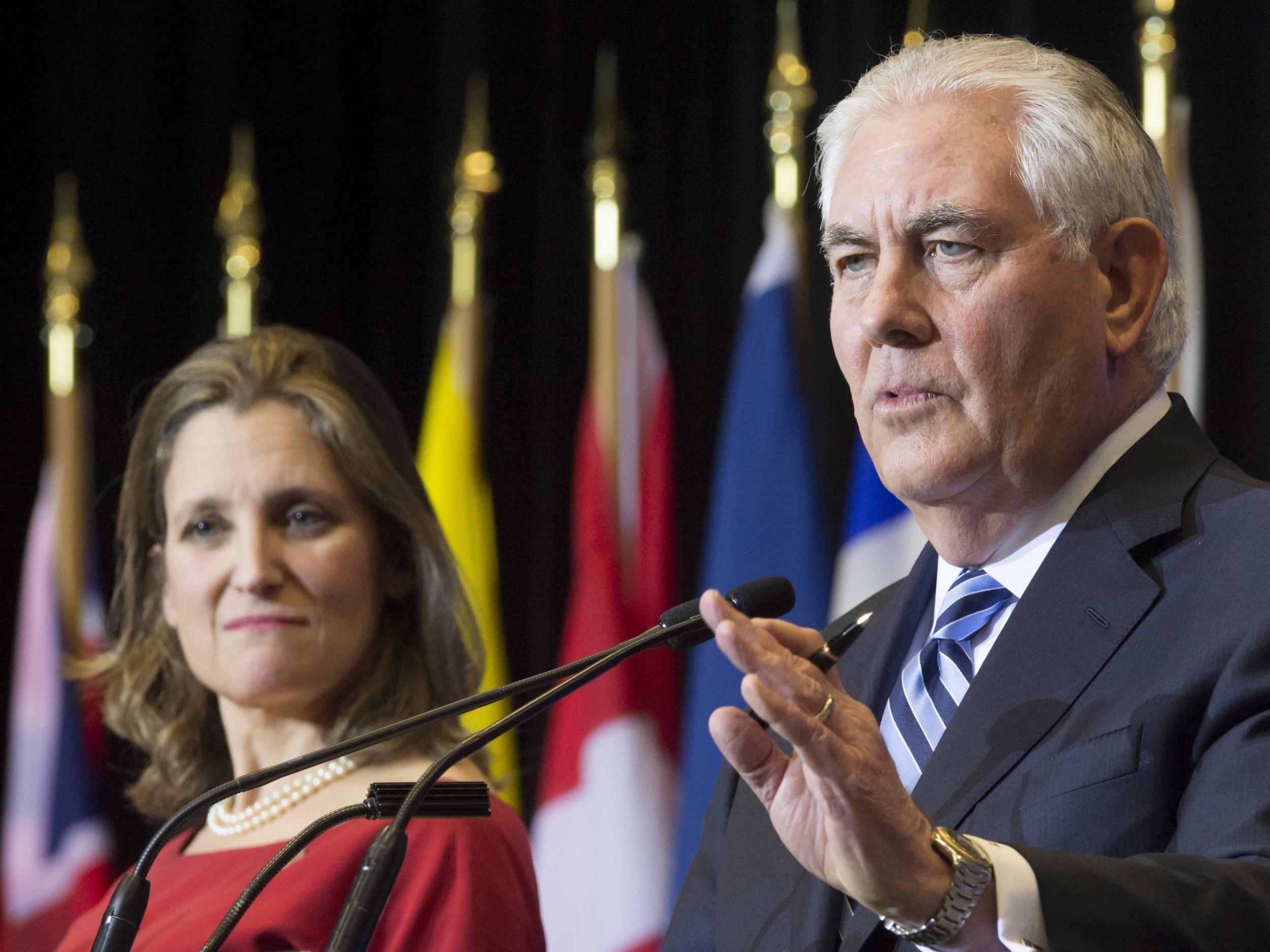 Canada's Minister of Foreign Affairs, Chrystia Freeland, and Secretary of State of the United States, Rex Tillerson, address a news conference following a meeting on the Security and Stability on the Korean Peninsula in Vancouver, British Columbia