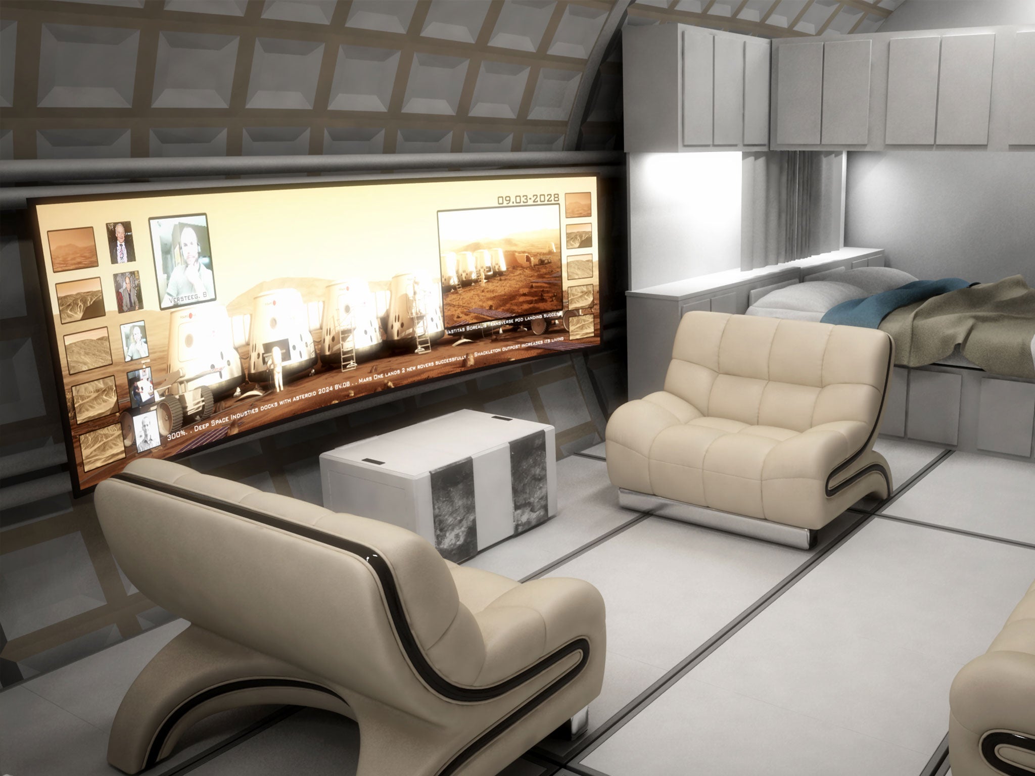 A CGI image of the interior of one of the Mars One capsules. Astronauts will have access to television and communication channels back to Earth