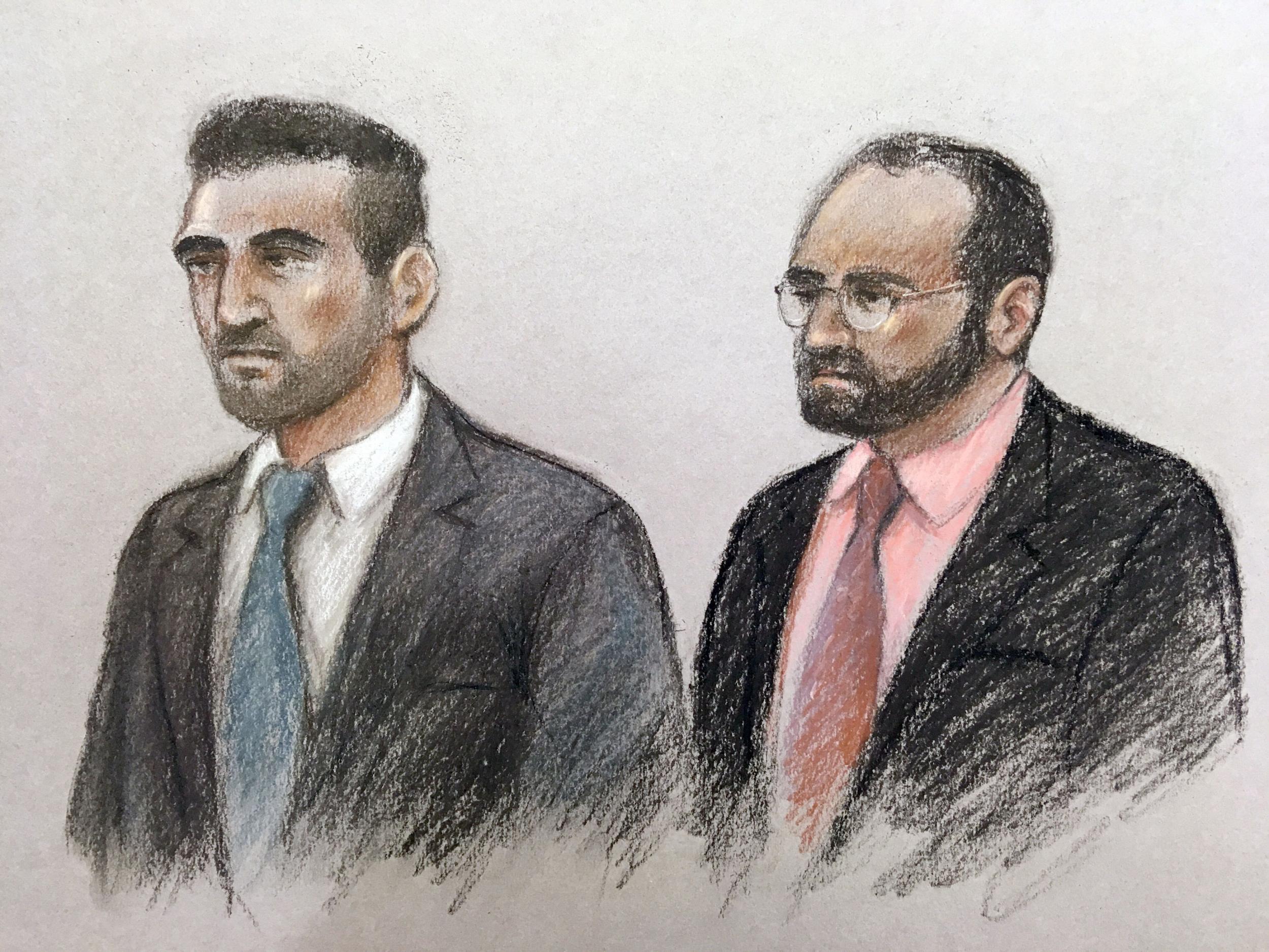 Vincent Tappu (left) and Mujahid Arshid in the dock of the Old Bailey, London, where Arshid is on trial accused of the kidnap, rape and murder of his niece, Celine Dookhran, and the attempted murder of another woman in July last year