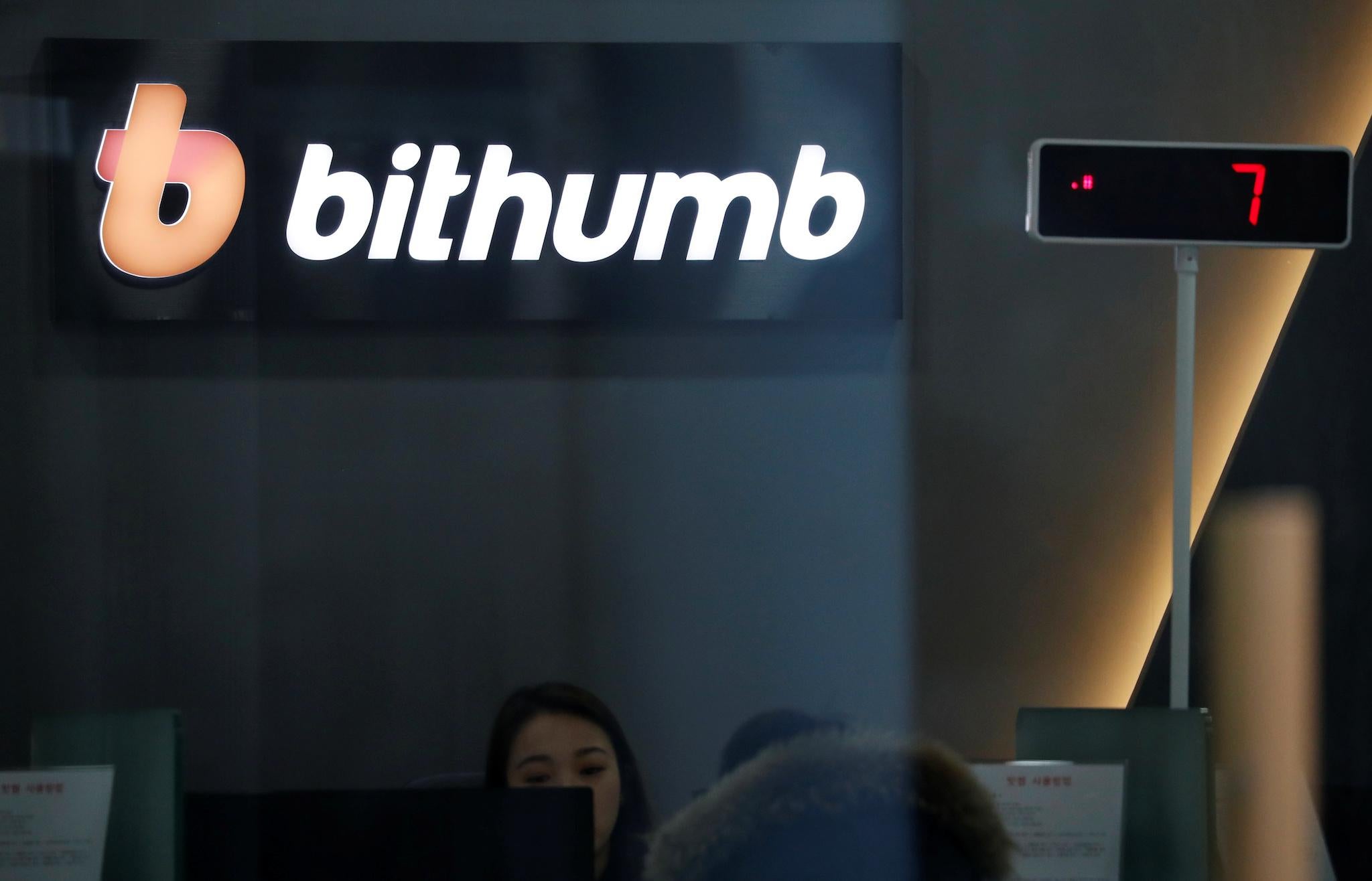 The logo of Bithumb is seen at its cryptocurrencies exchange in Seoul, South Korea, 11 January 2018