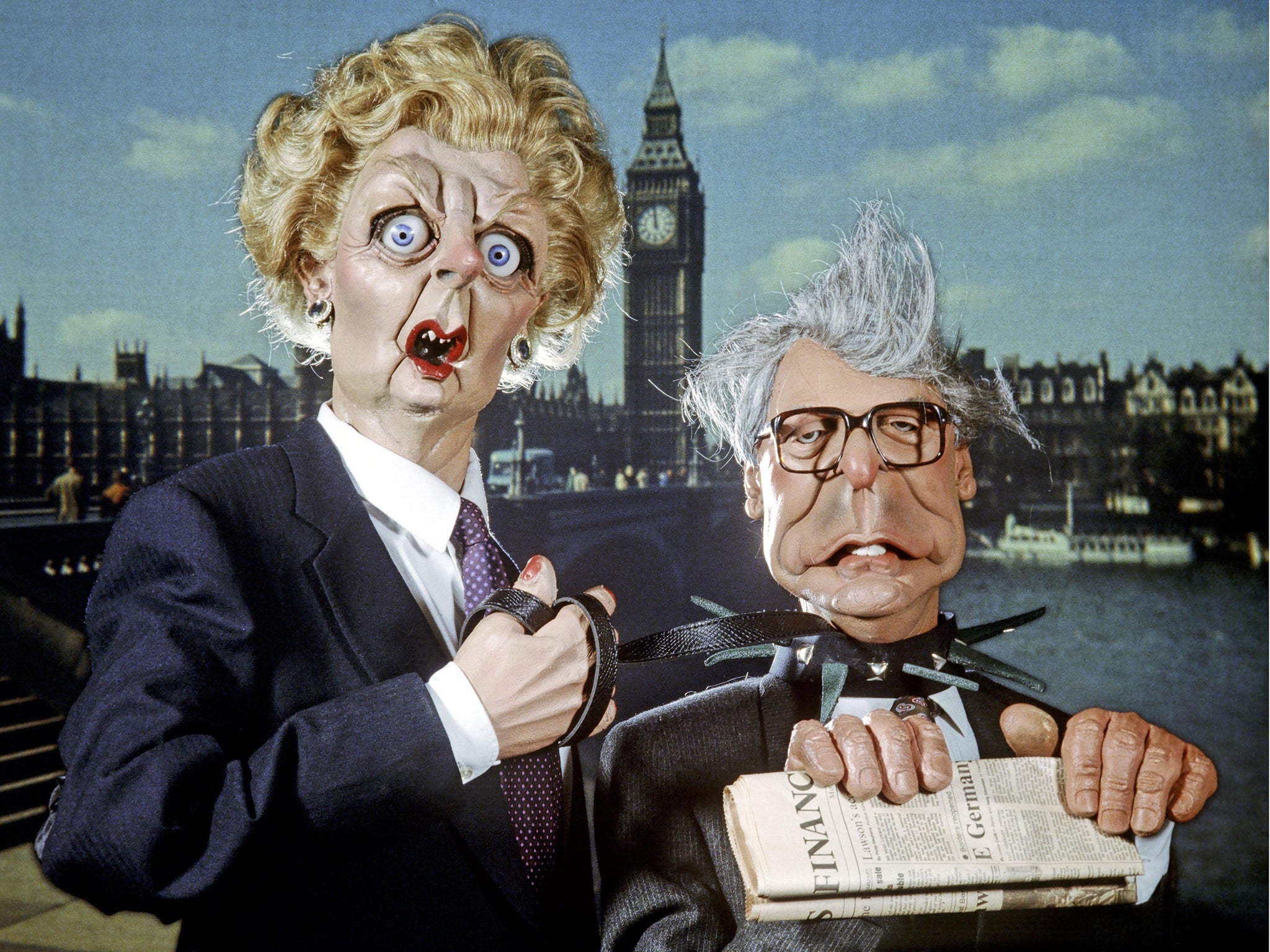 Margaret Thatcher and John Major depicted in the Eighties show ‘Spitting Image’ (Rex)