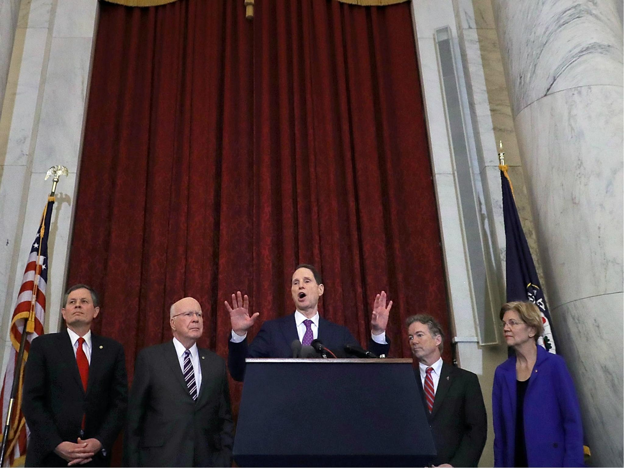 Senators Steve Daines, Patrick Leahy, Sen. Ron Wyden, Rand Paul, and Elizabeth Warren hold a bipartisan news conference about their proposed reforms to the Foreign Intelligence Surveillance Act on 16 January 2018.