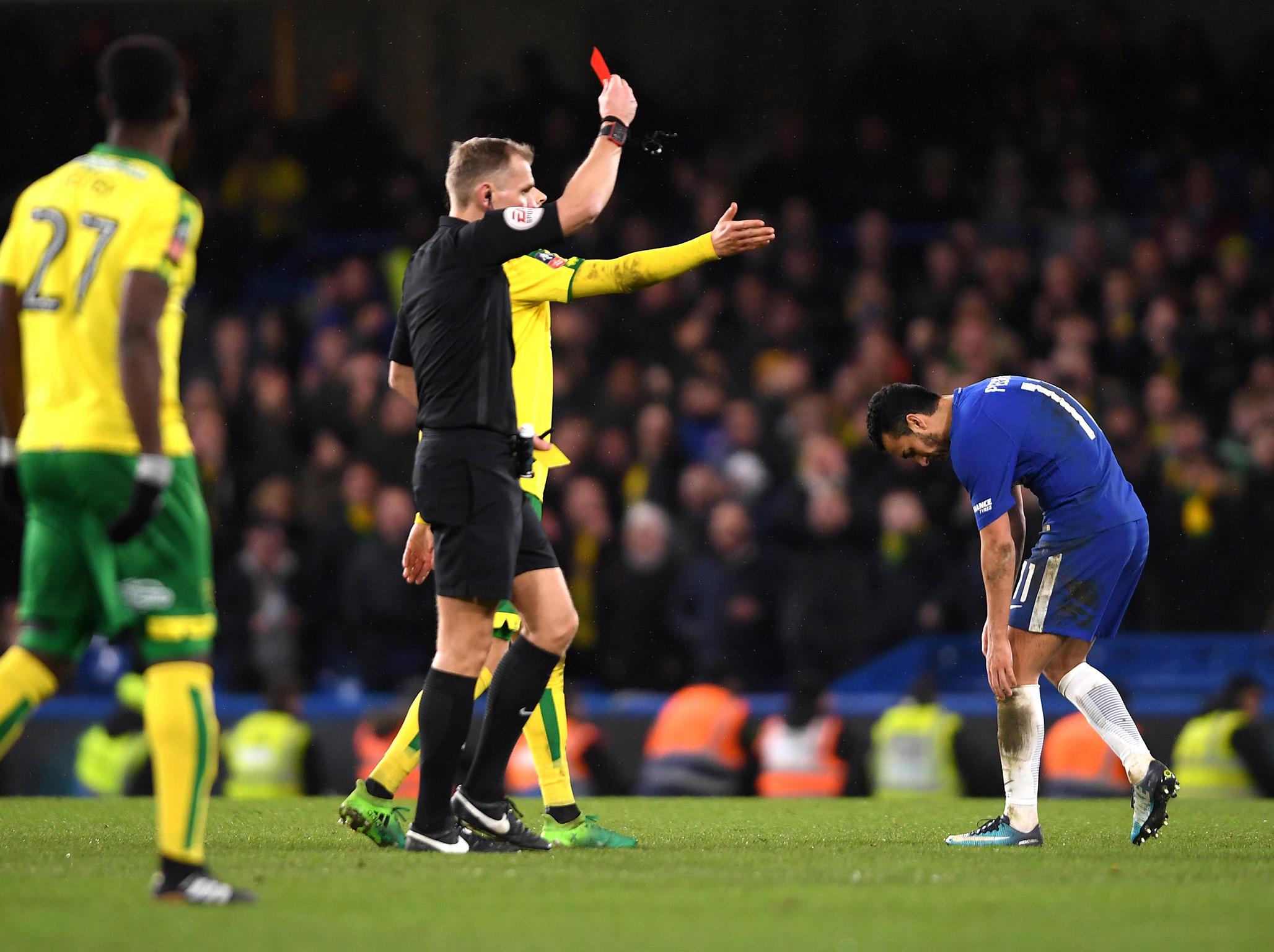 Pedro was sent off in FA Cup replay win over Norwich