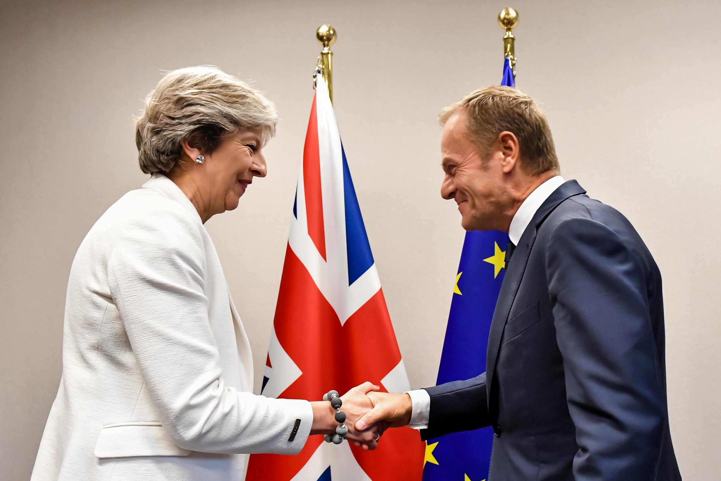 Theresa May meets Donald Tusk at an EU summit in 2017