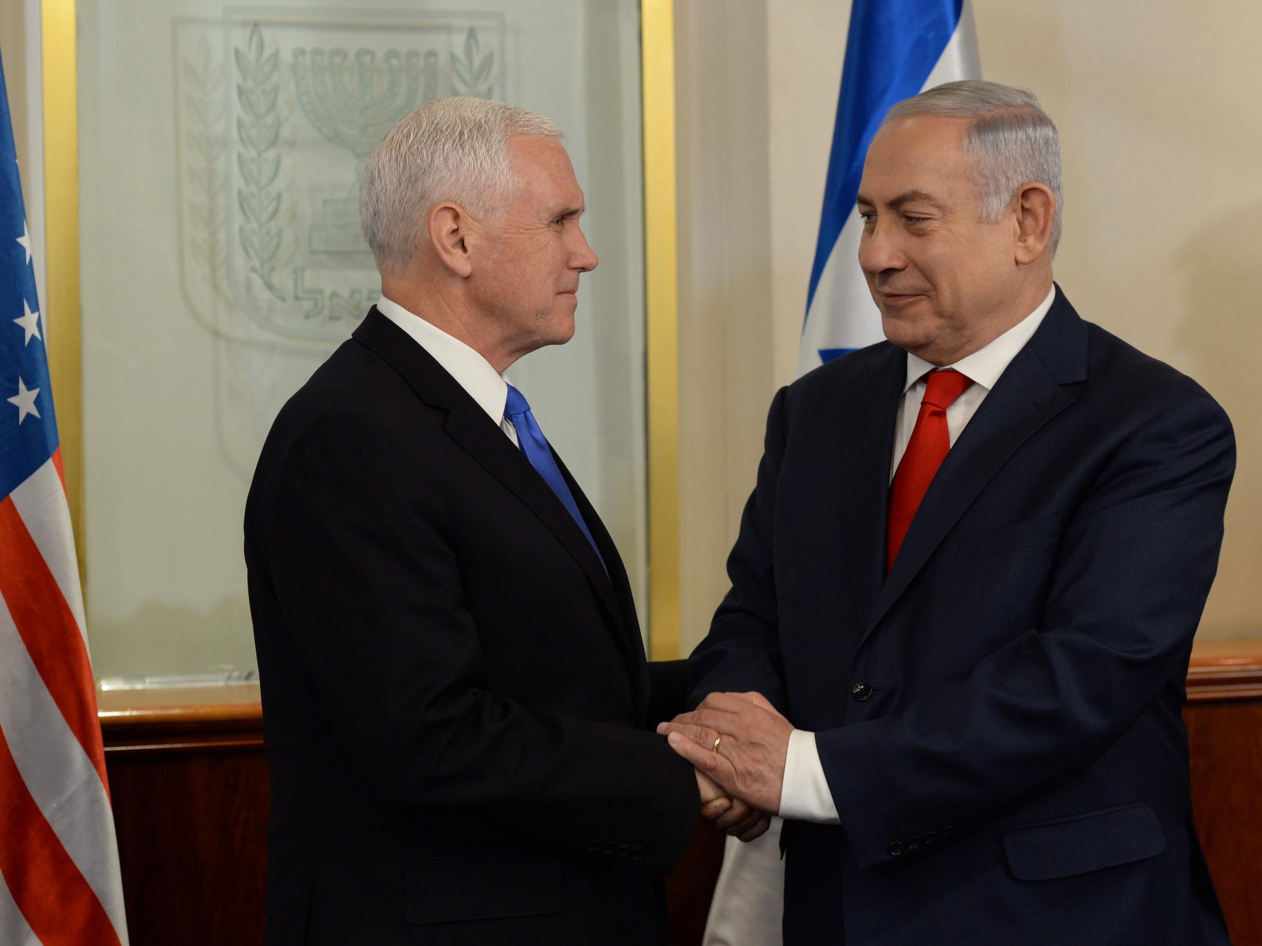 US Vice President Mike Pence (left) meets Israeli Prime Minister Benjamin Netanyahu yesterday at the Prime Minister’s office in Jerusalem, Israel