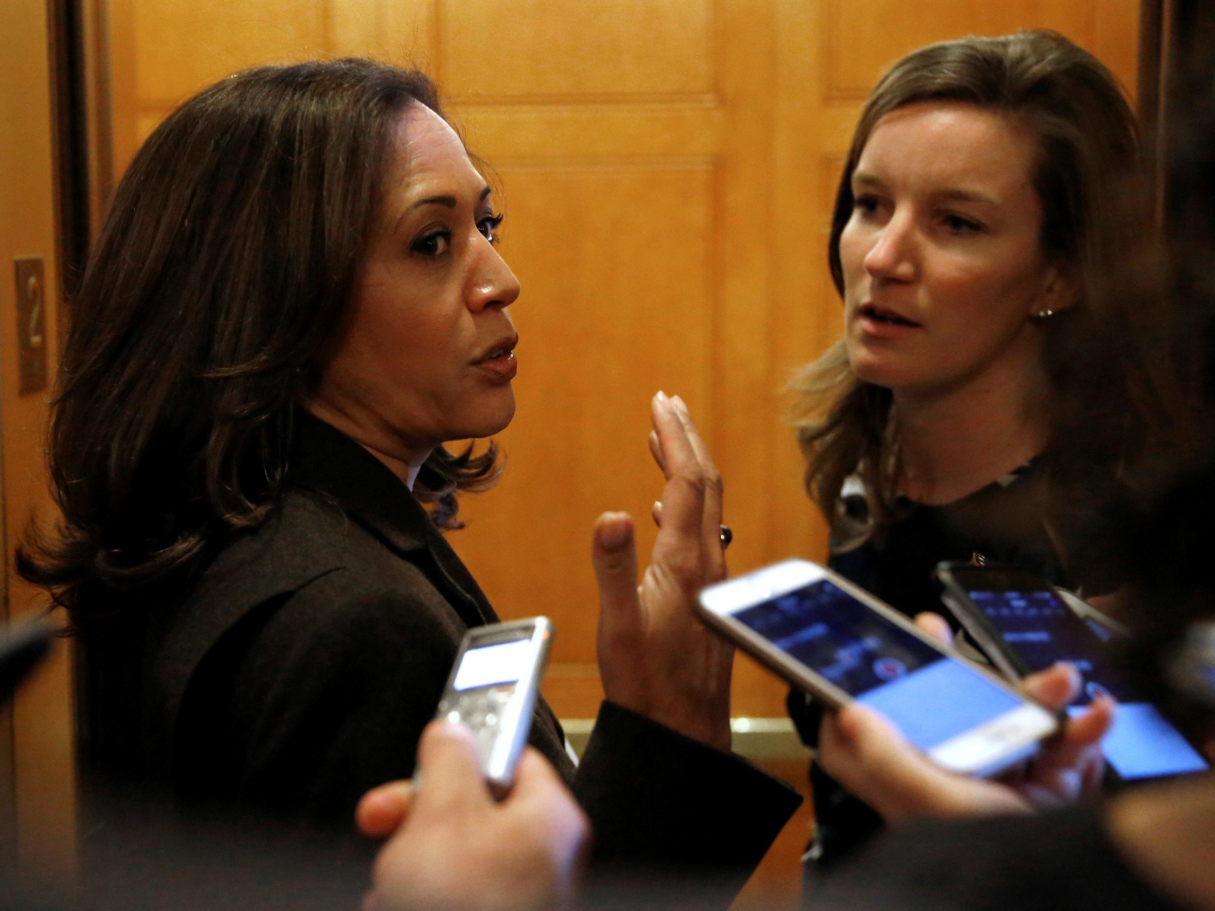 Senator Kamala Harris speaks to reporters after the Senate reached an agreement to end the shutdown