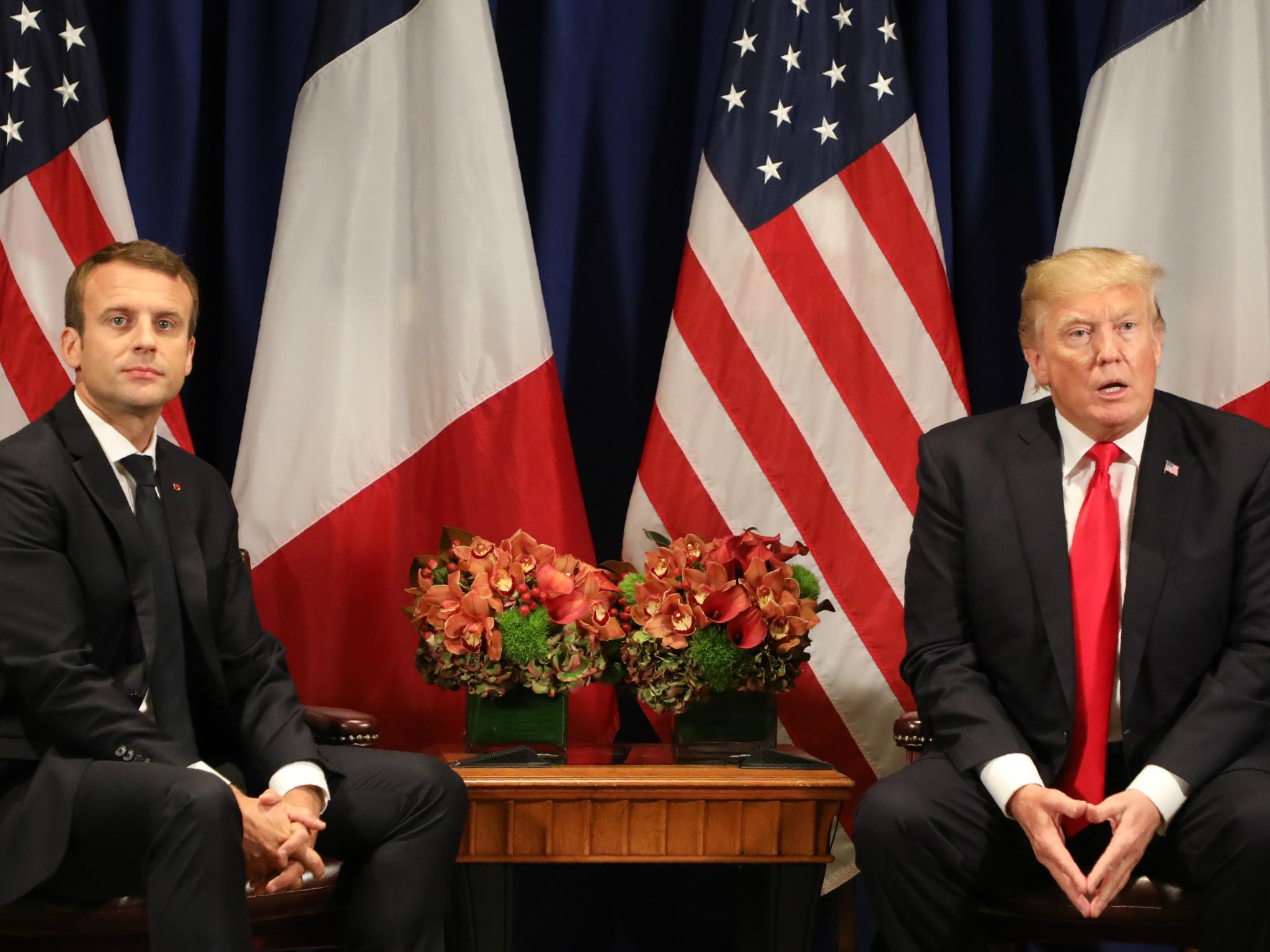 France's president Emmanuel Macron meets with US President Donald Trump on the sidelines of the United Nations General Assembly on 18 September 2017.