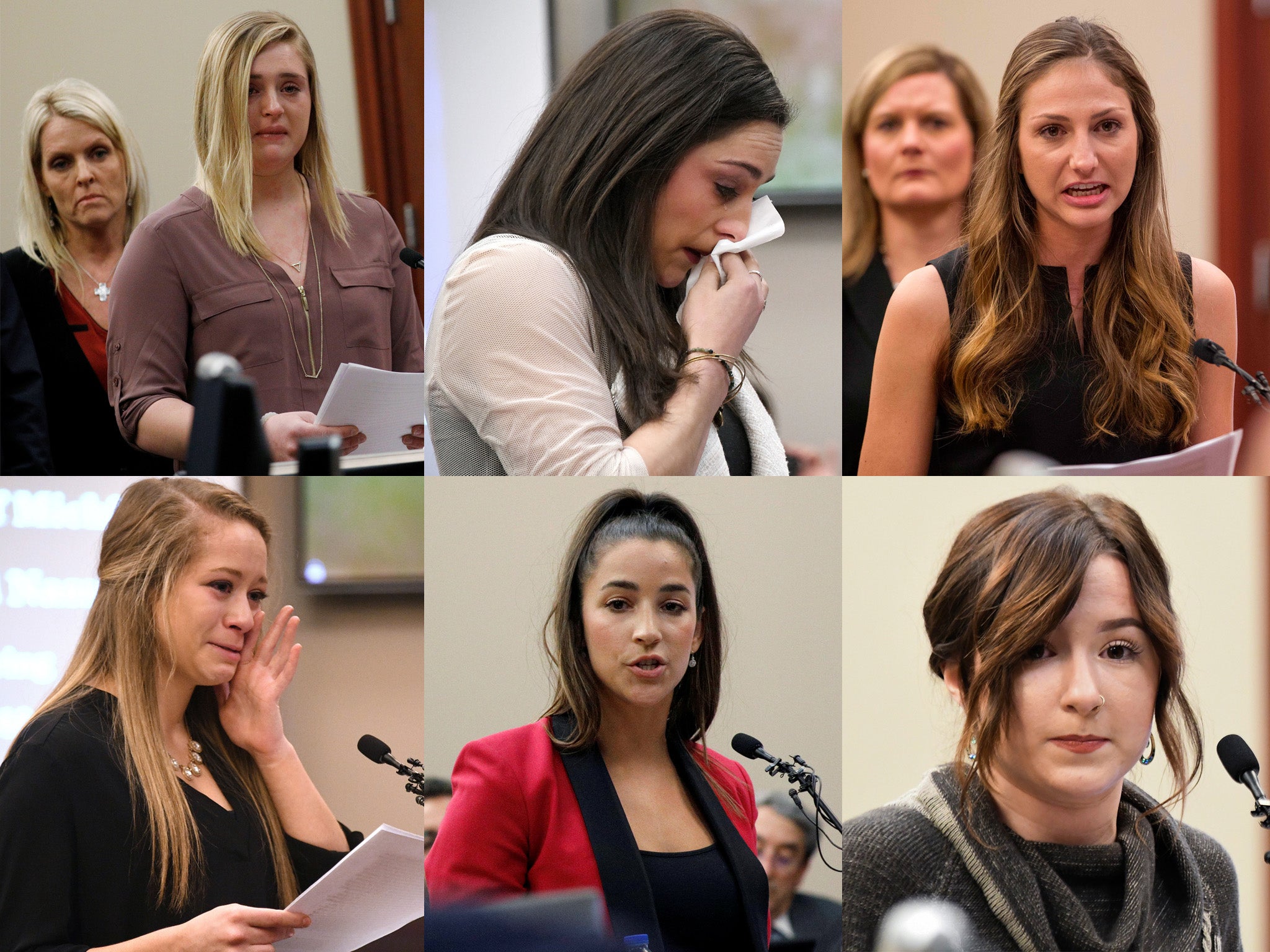 Maddie Johnson, Jordyn Wieber, Kyle Stephens, Emily Morales, Aly Raisman and Bailey Lorencen during their victim impact statements