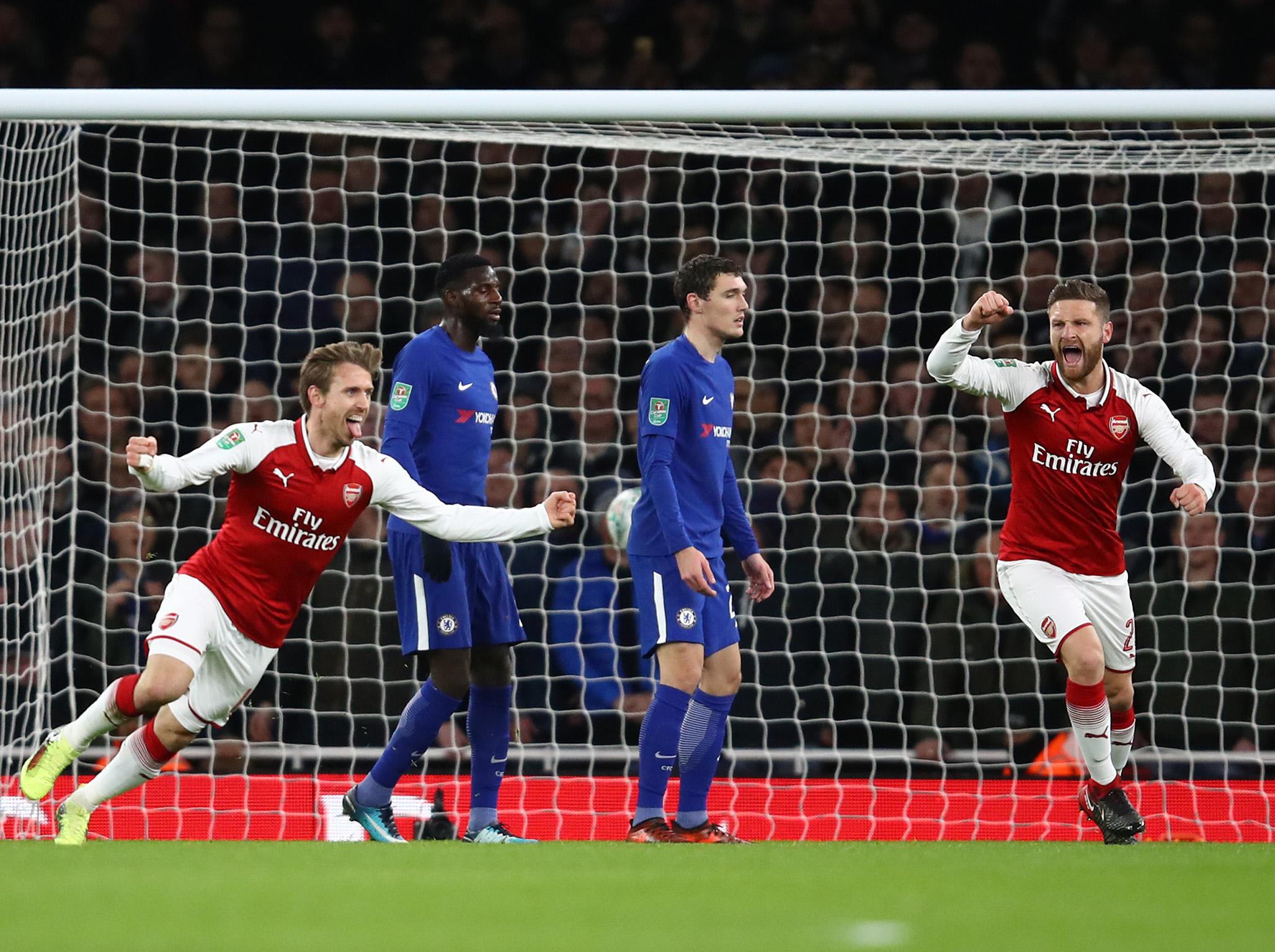 Nacho Monreal and Shkodran Mustafi celebrate Arsenal's equaliser