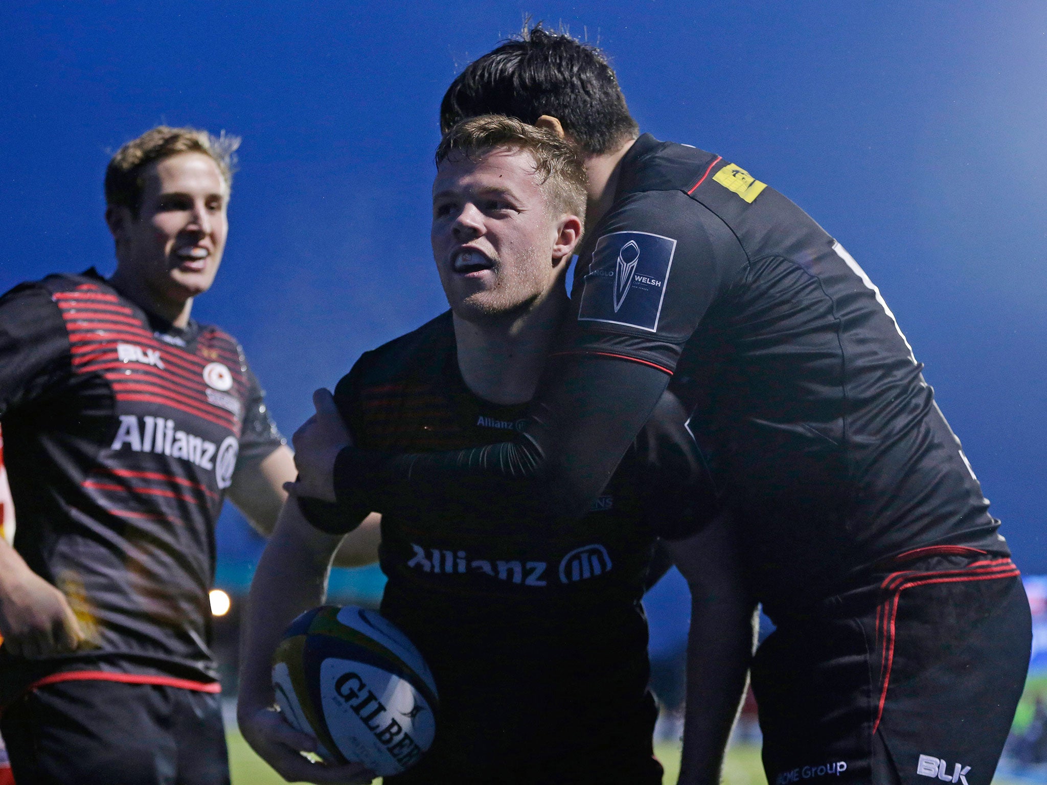 Tom Whiteley celebrates scoring for Saracens