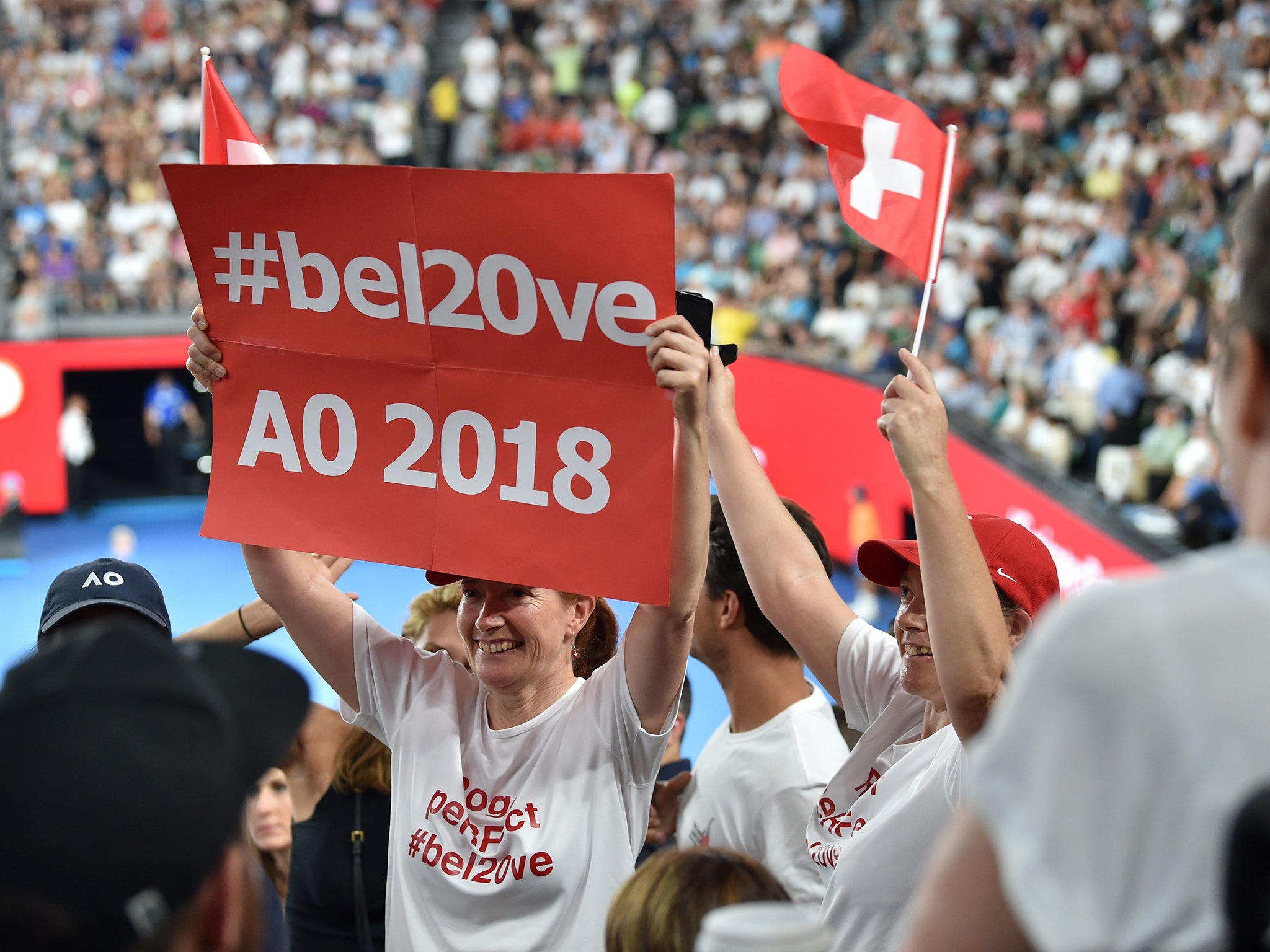 A fan celebrates Roger Federer's 20th Grand Slam success