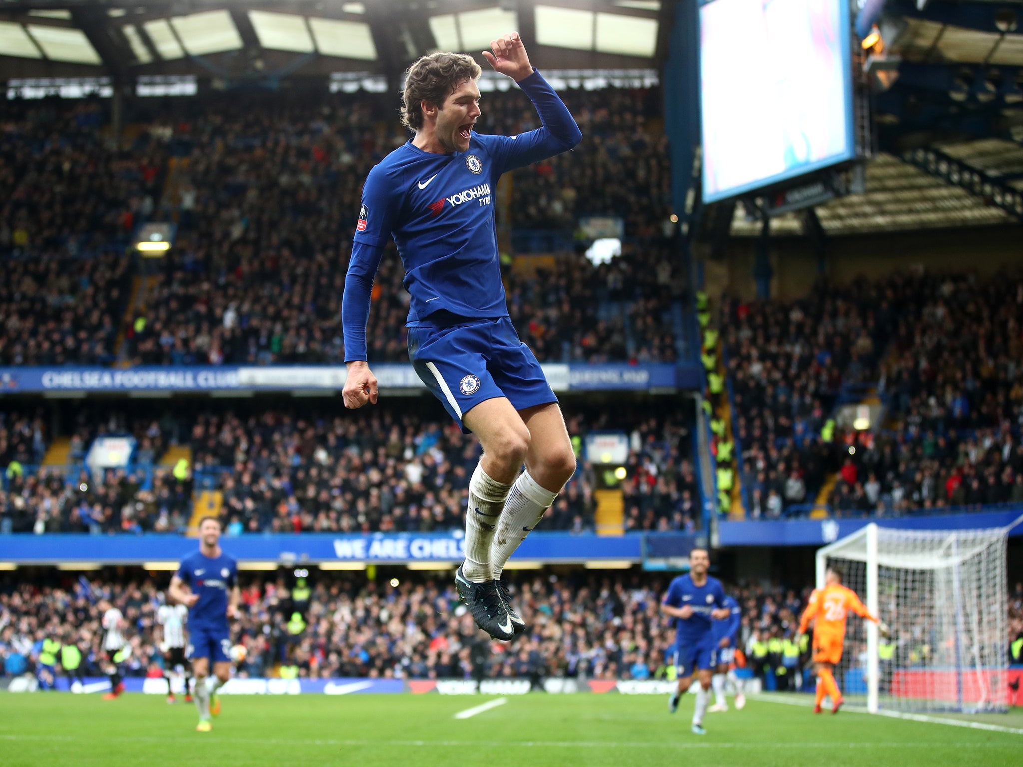 Marcos Alonso celebrates after scoring a free-kick