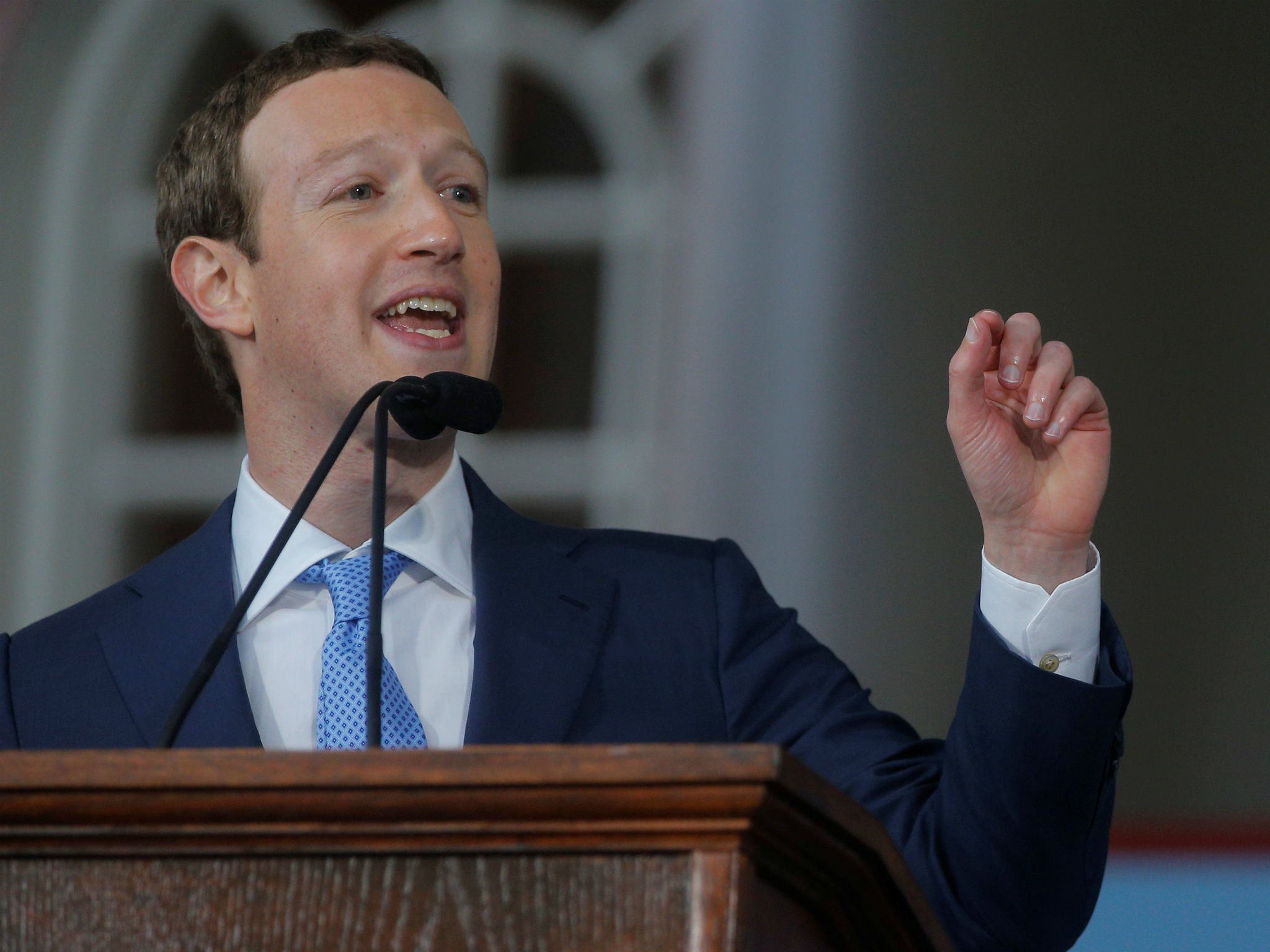 Mark Zuckerberg speaks at Harvard University in Cambridge, Massachusetts