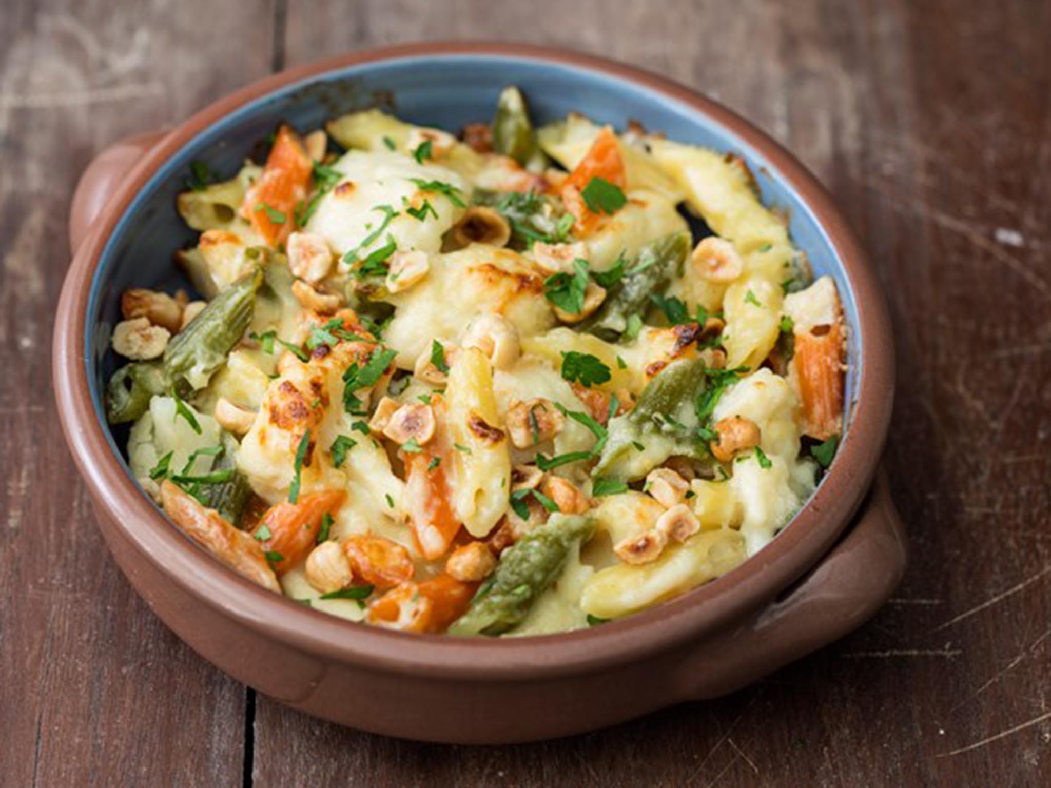 The journey to the centre of the cauliflower begins with Karen Burns-Booth’s tricolore penne and cauliflower cheese with hazelnuts