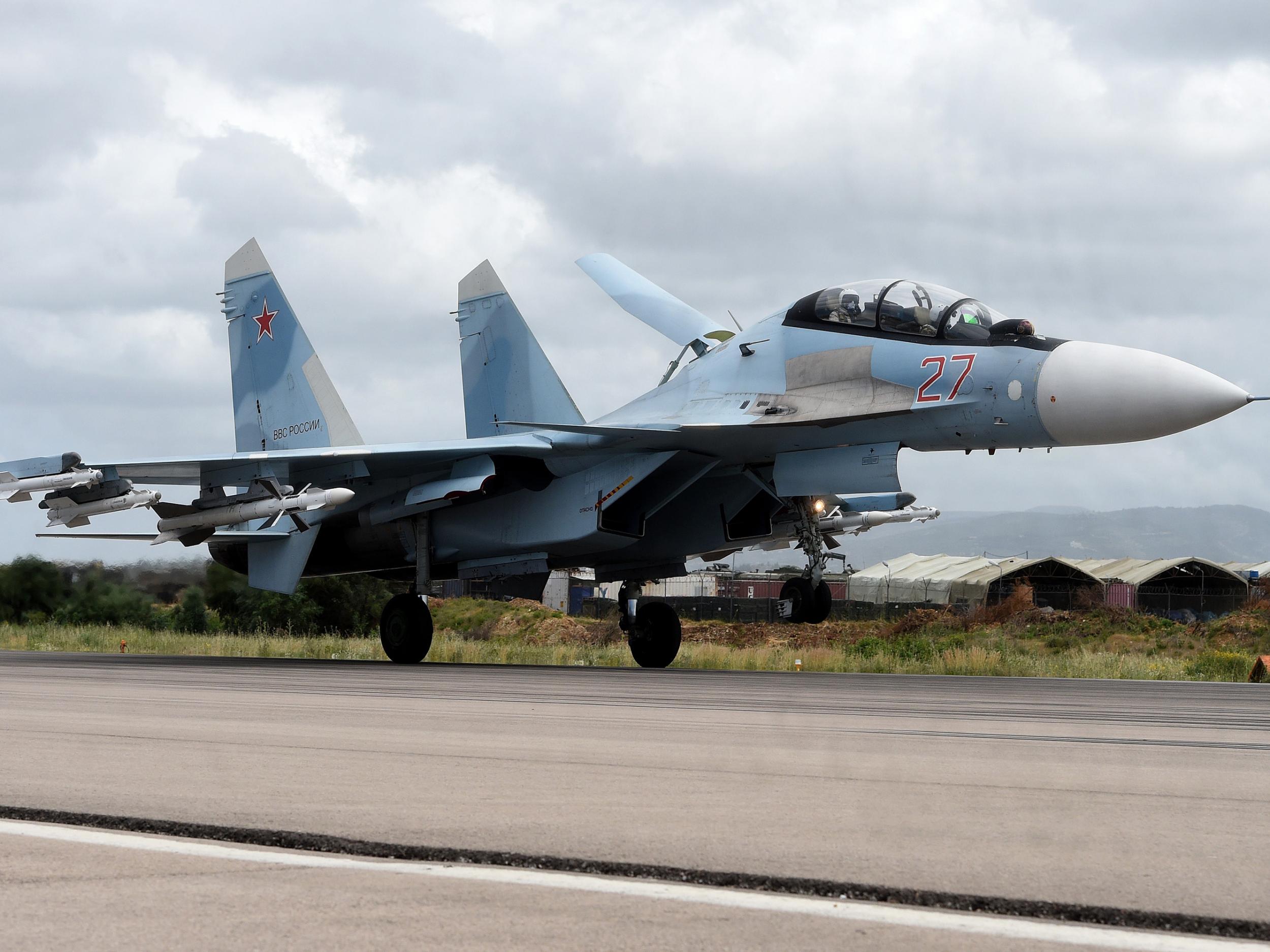 A Russian Sukhoi Su-35 bomber at the Hmeimim military base in Latakia province, north-west Syria