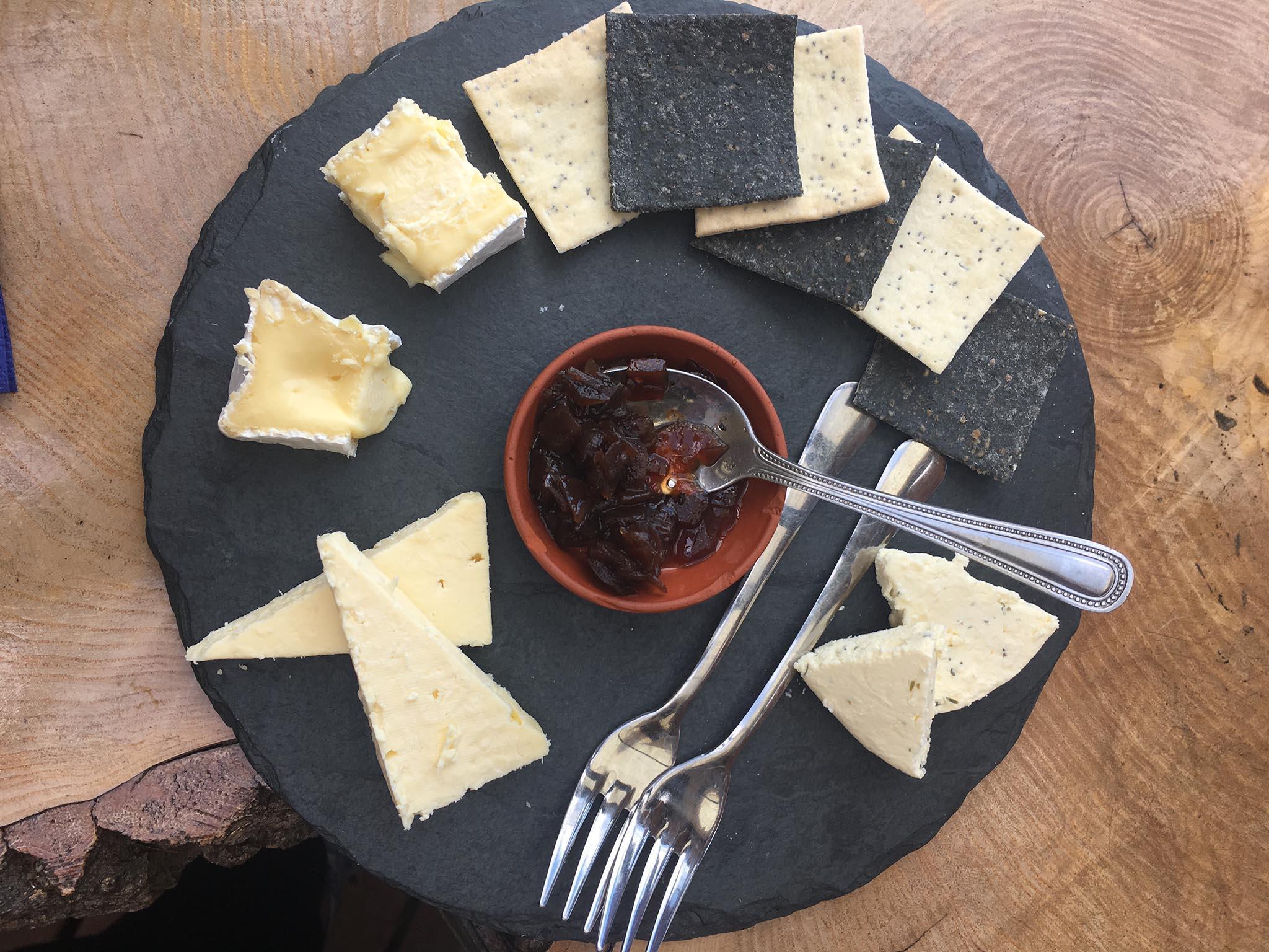 The rustic-herb, and classic, Sharpham cheeses, with came with the wine-tasting flight