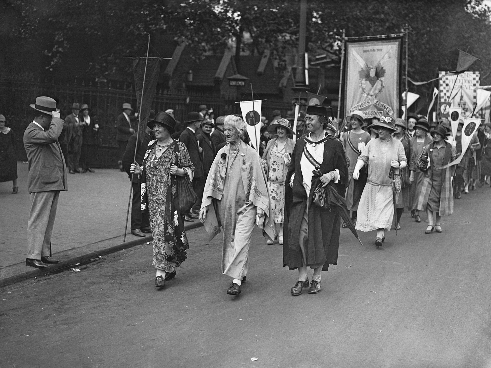 3 July 1926: Anglo-Irish poitical activist and writer, Charlotte Despard (centre) leads members of the Women’s Freedom League in the Equal Political Rights Demonstration, London (Getty)