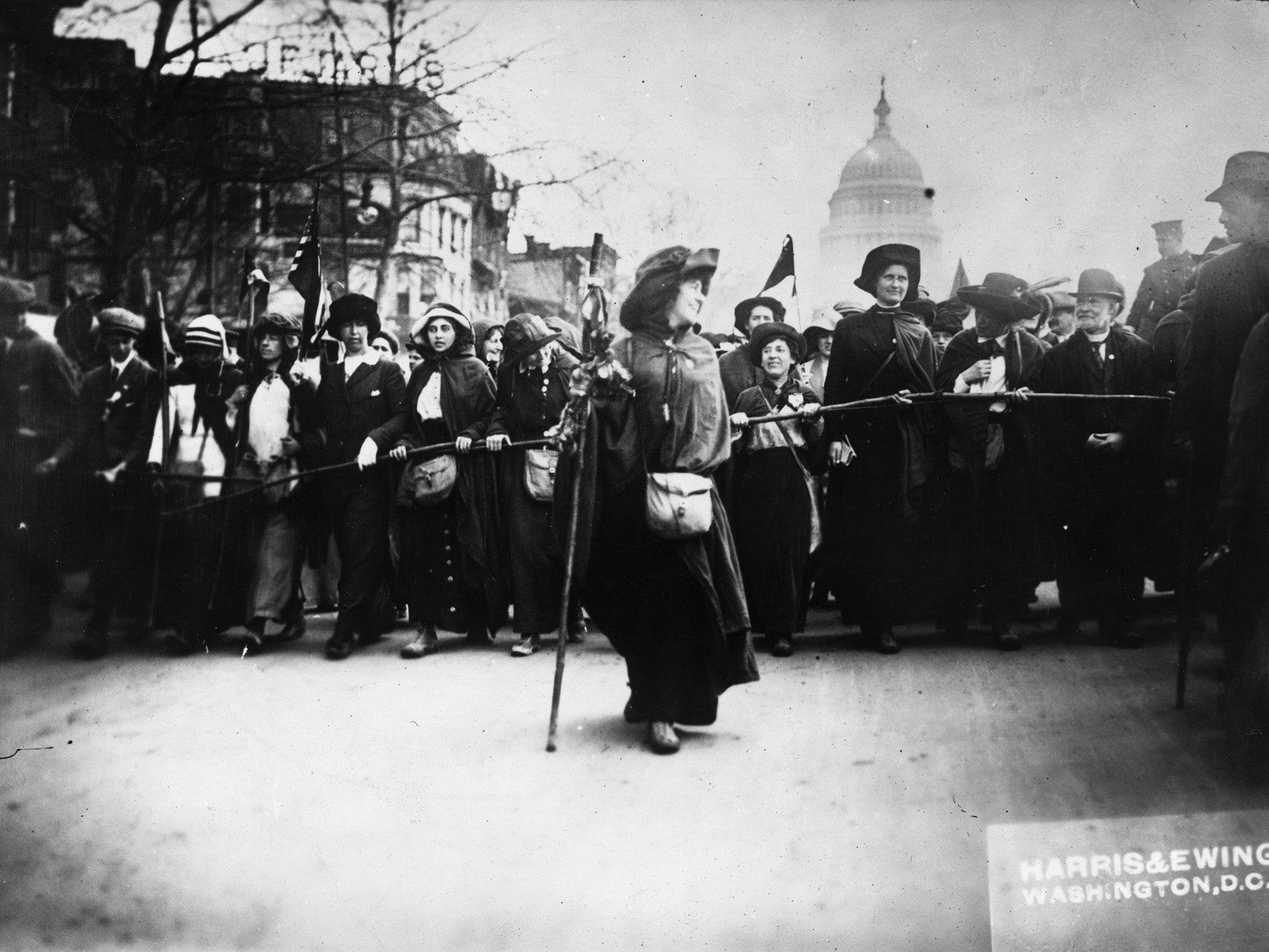 3 February 1913: American suffragette Rosalie Jones leads protesters up Pennsylvania Avenue, Washington DC (Getty)