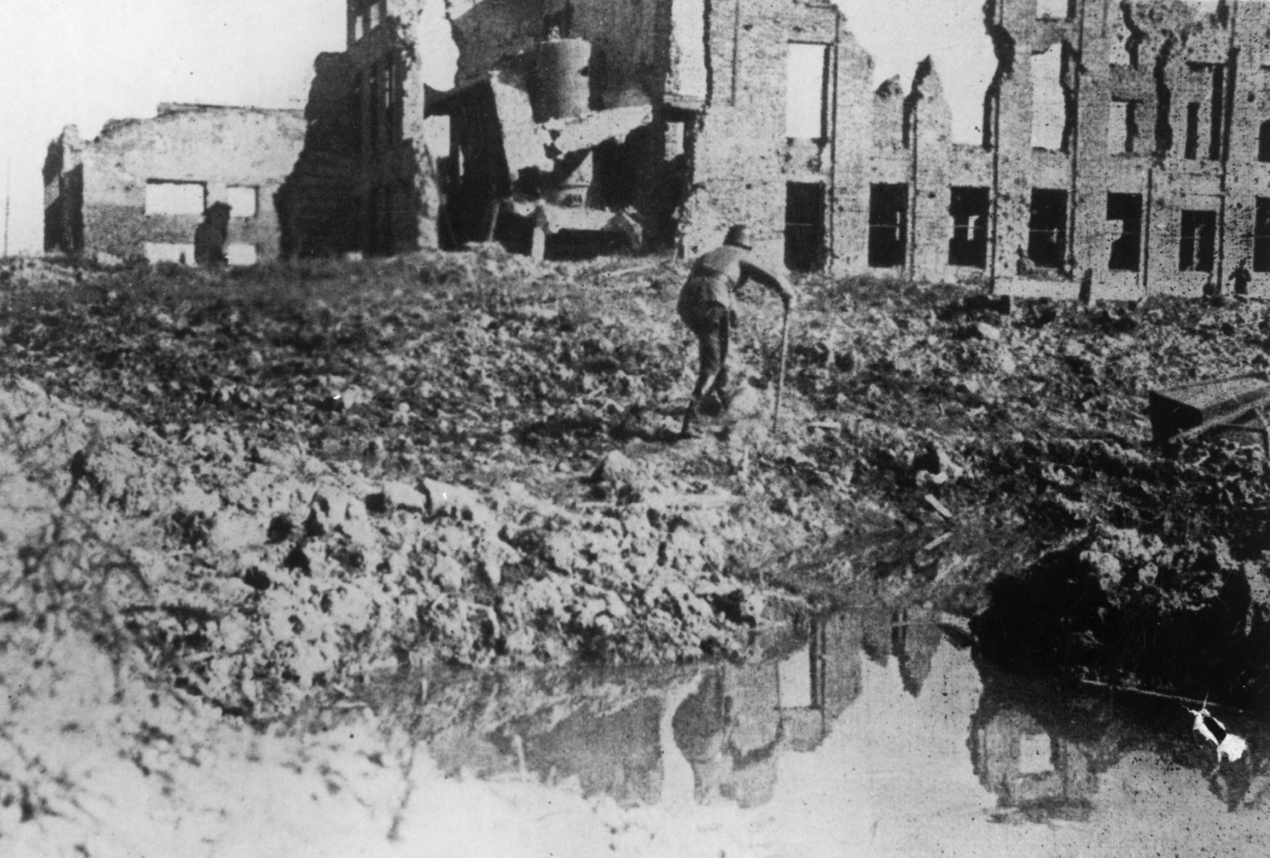 A soldier hobbles round a waterlogged crater during the Battle of Stalingrad