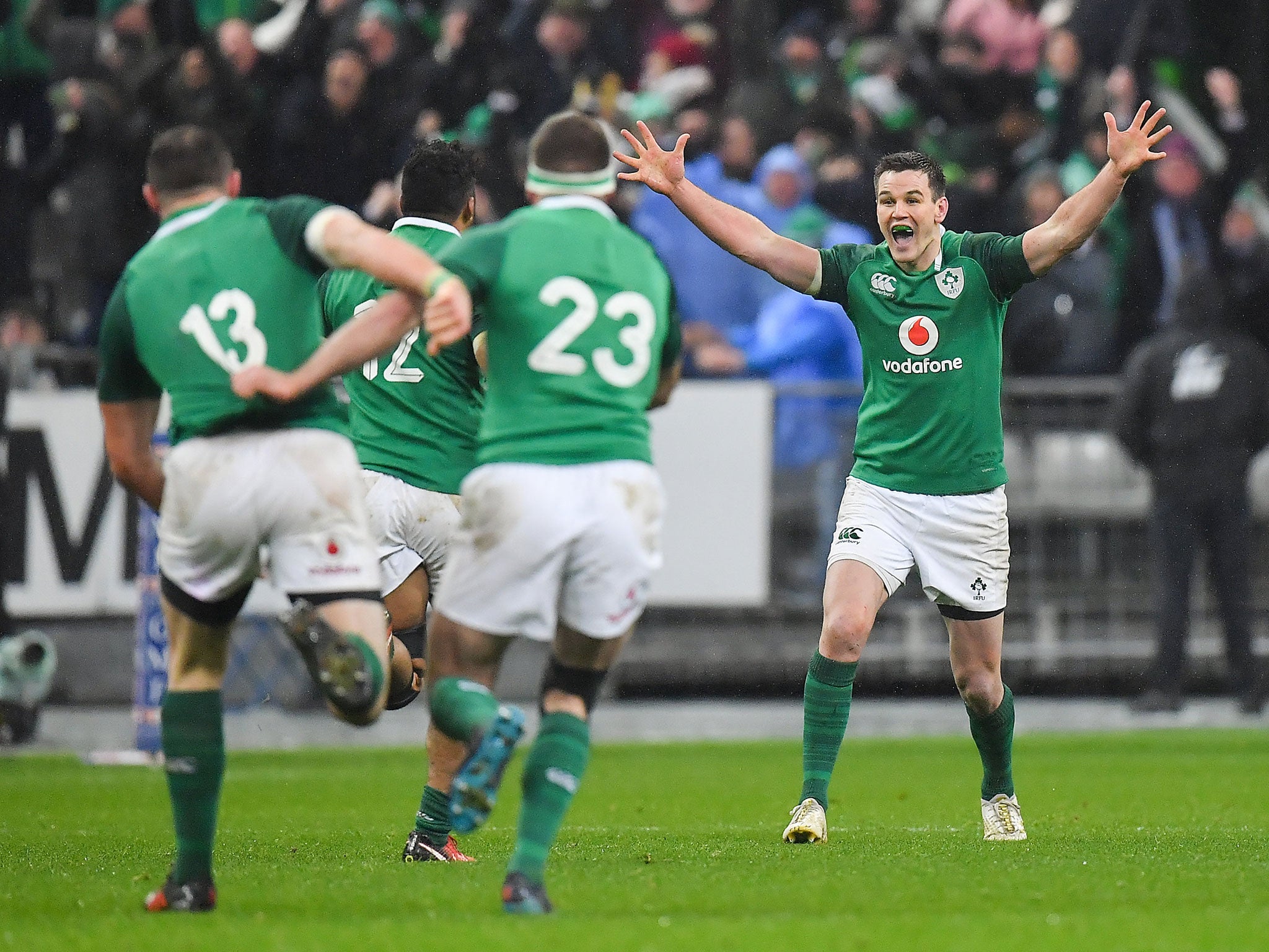 Johnny Sexton celebrates his winning drop-goal in Ireland's opening Six Nations victory