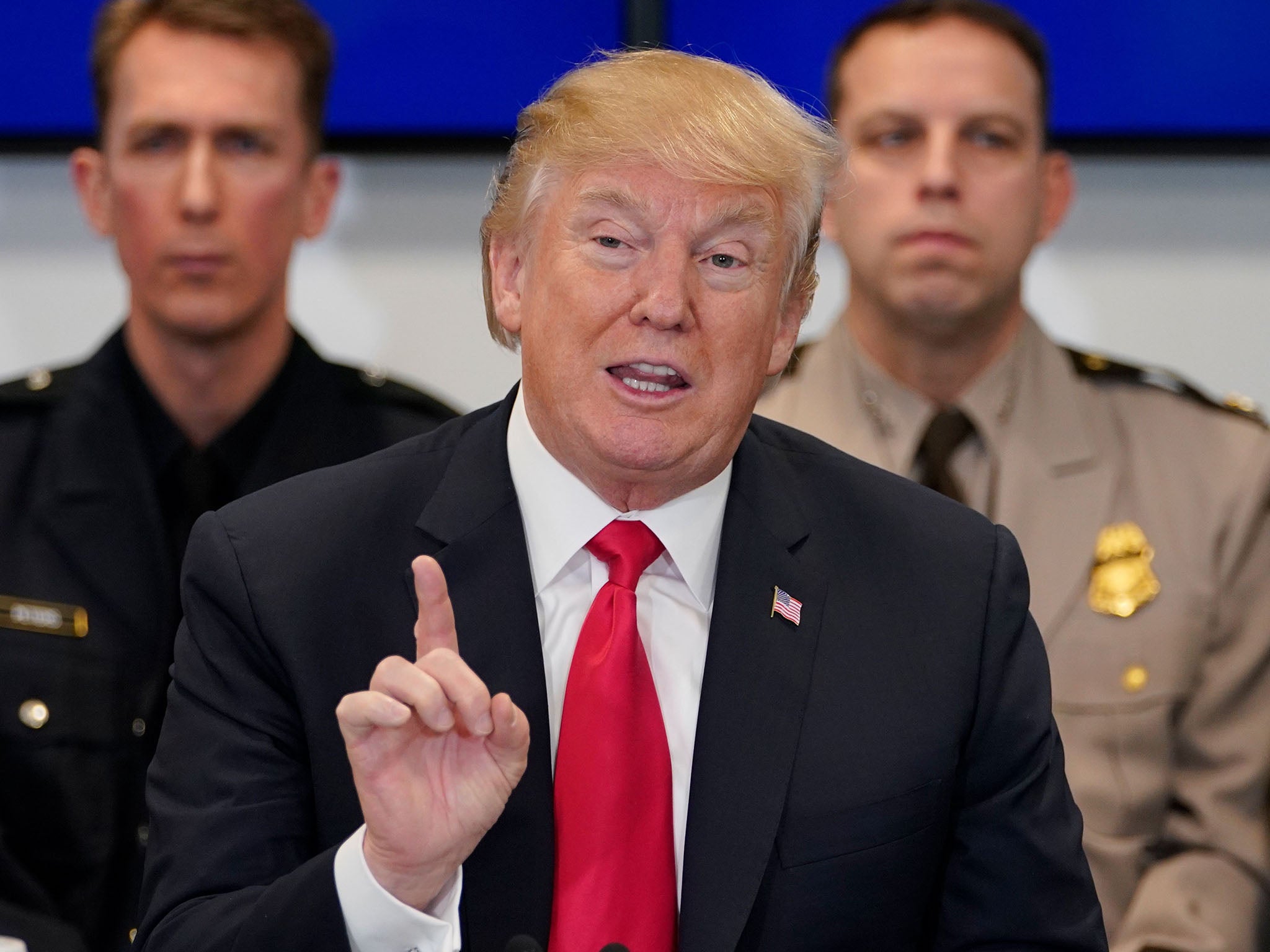 Donald Trump speaks during a meeting at the Customs and Border Protection National Targeting Center