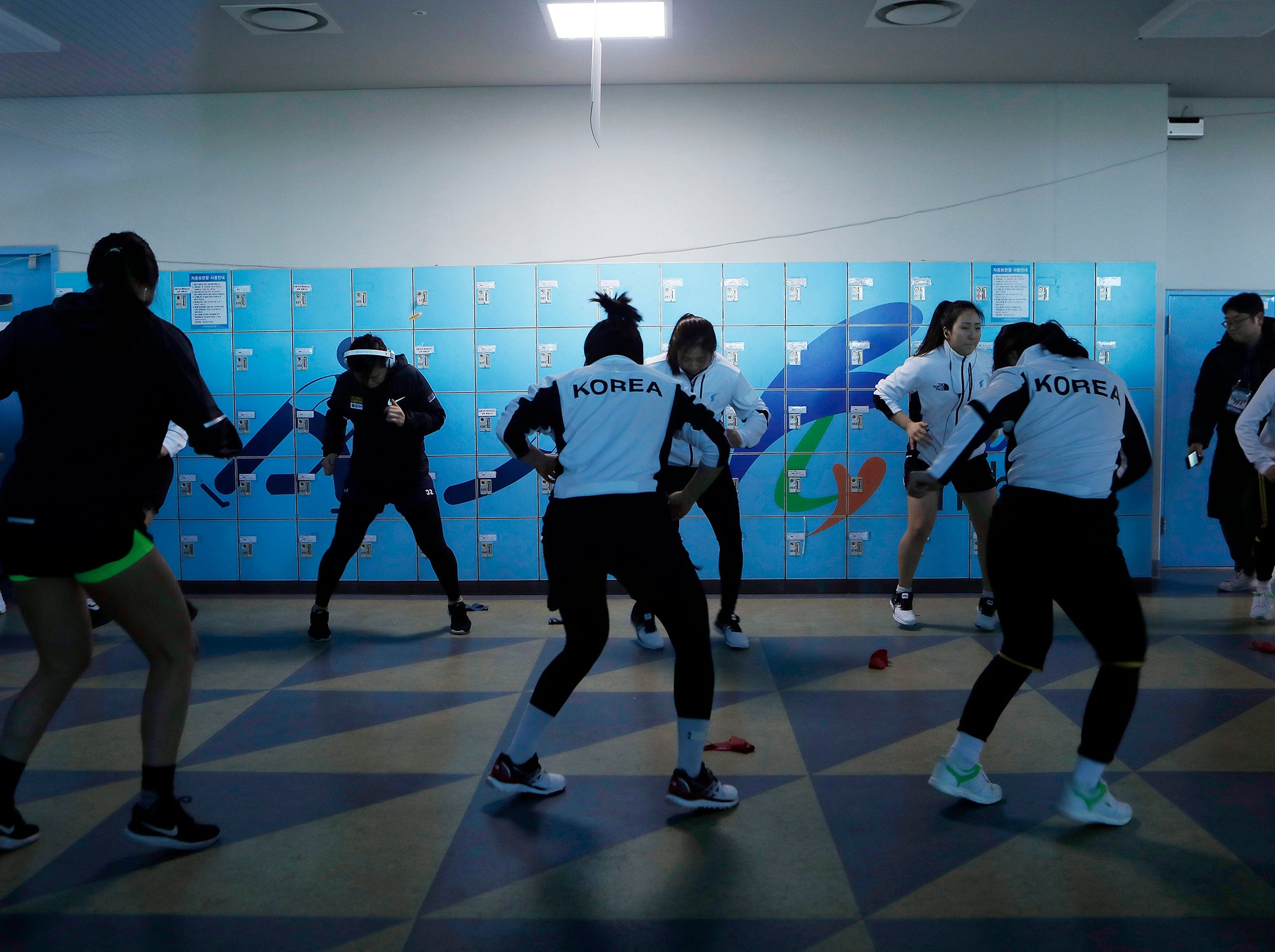 The Unified Korea team warms up prior to the exhibition