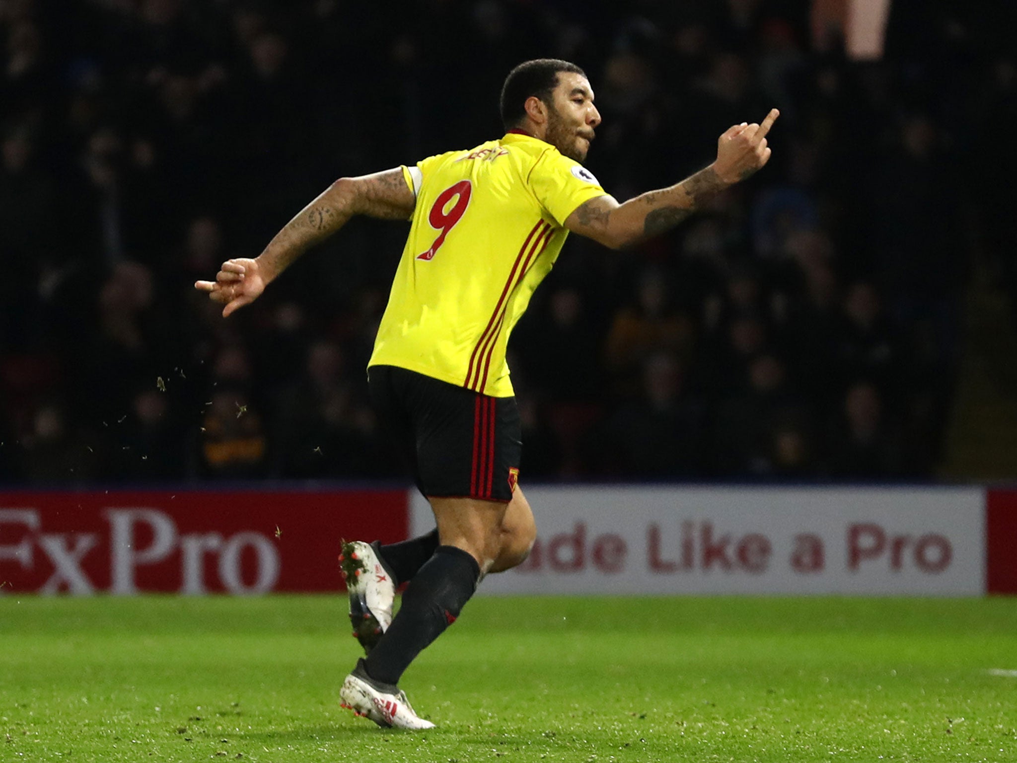 Deeney celebrates his penalty goal in his own unique way