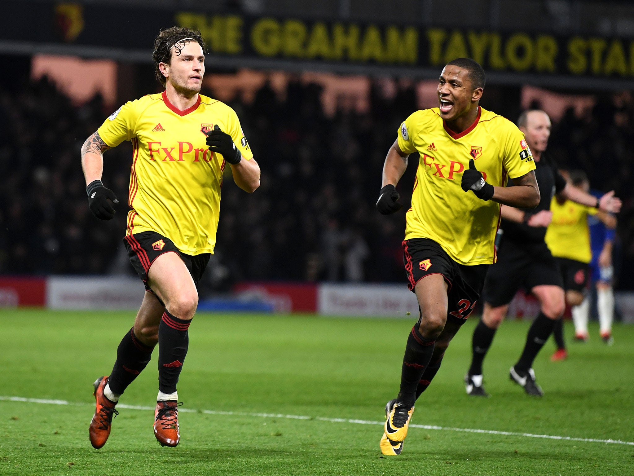 Daryl Janmaat celebrates putting Watford back in front after Eden Hazard's equaliser