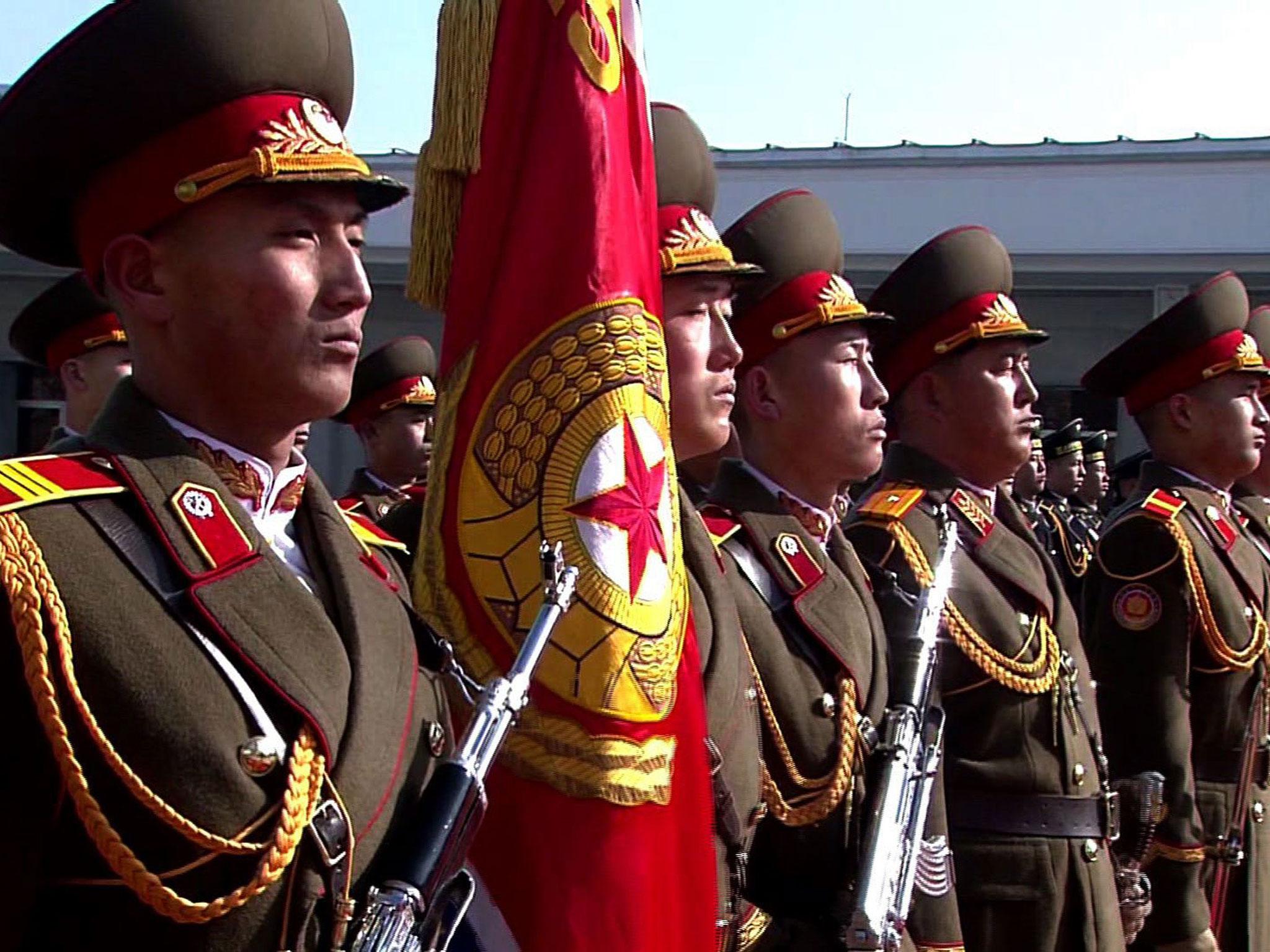 Members of North Korea’s military taking part in a parade in Kim Il Sung Square in Pyongyang